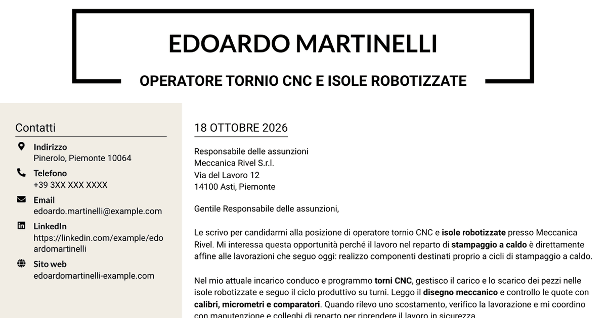 7 modelli di lettera di presentazione per Operatore tornio CNC - Isole robotizzate, con esempi