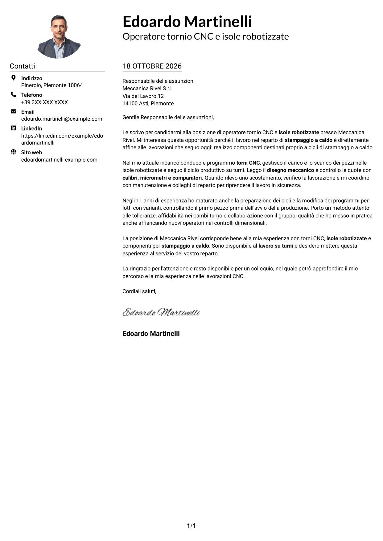 Esempio di lettera di presentazione — pagina 1