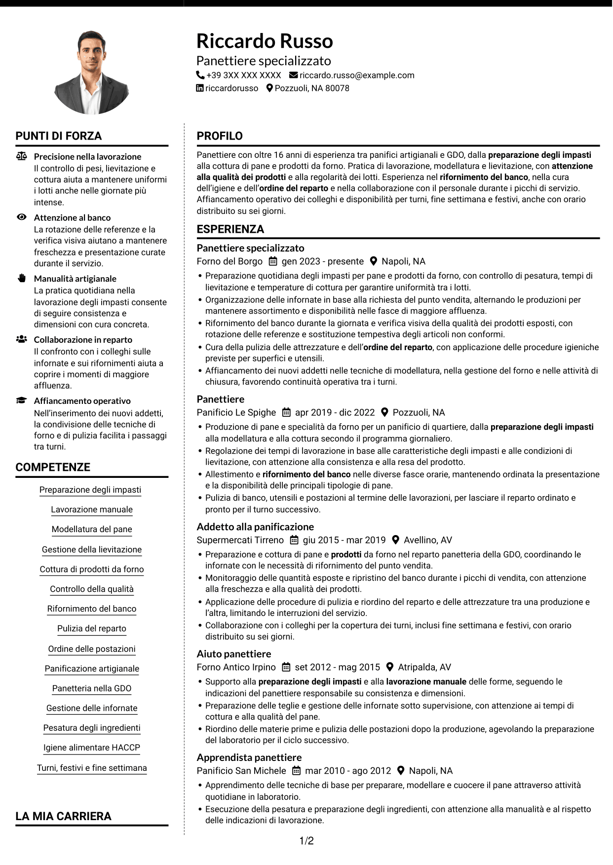 CV Moderno (formato a due colonne con foto a sinistra e separatore): Panettiere - Produzione di pane, pagina 1