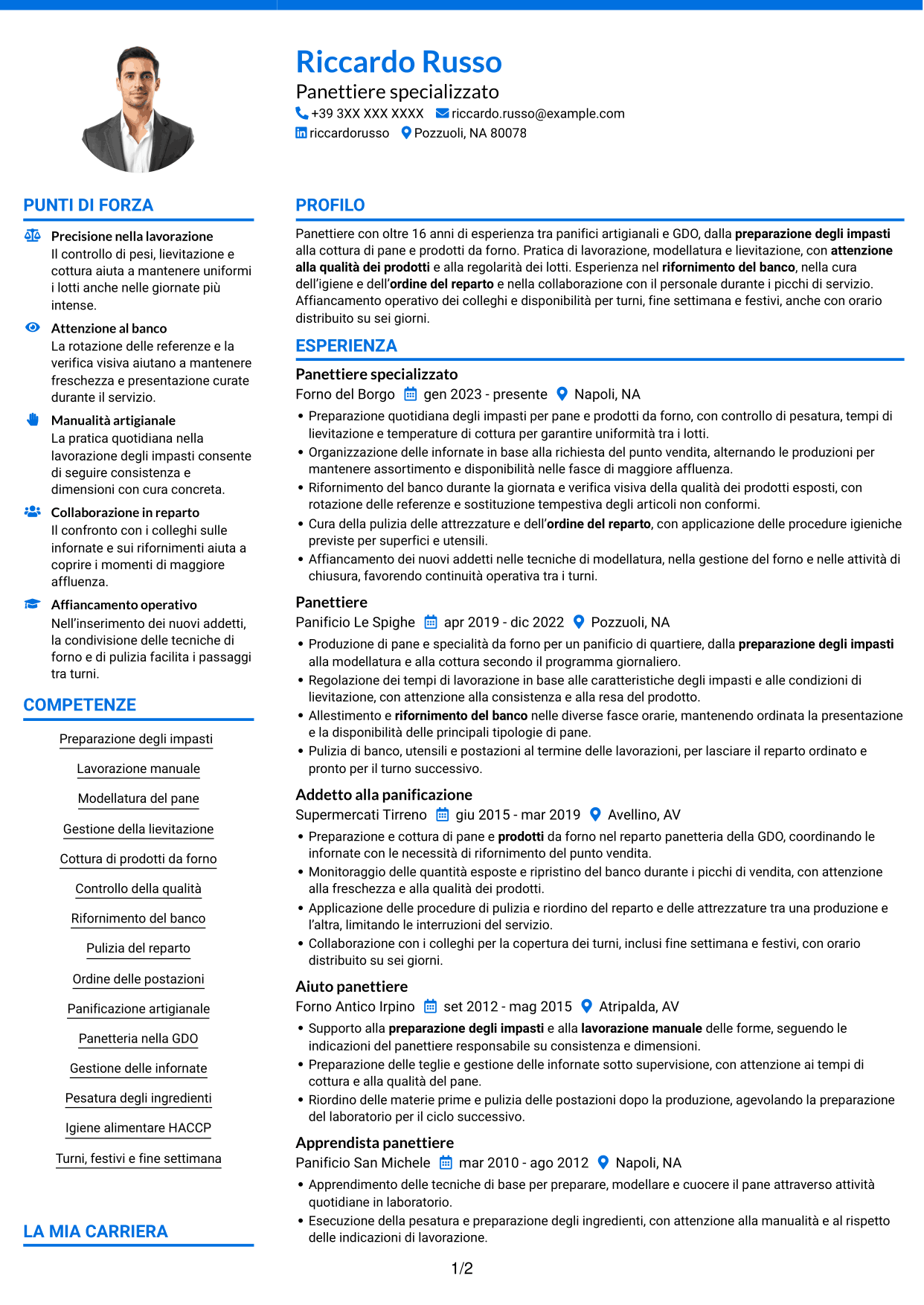 CV Audace (formato a due colonne con accenti colorati e foto): Panettiere - Produzione di pane, pagina 1