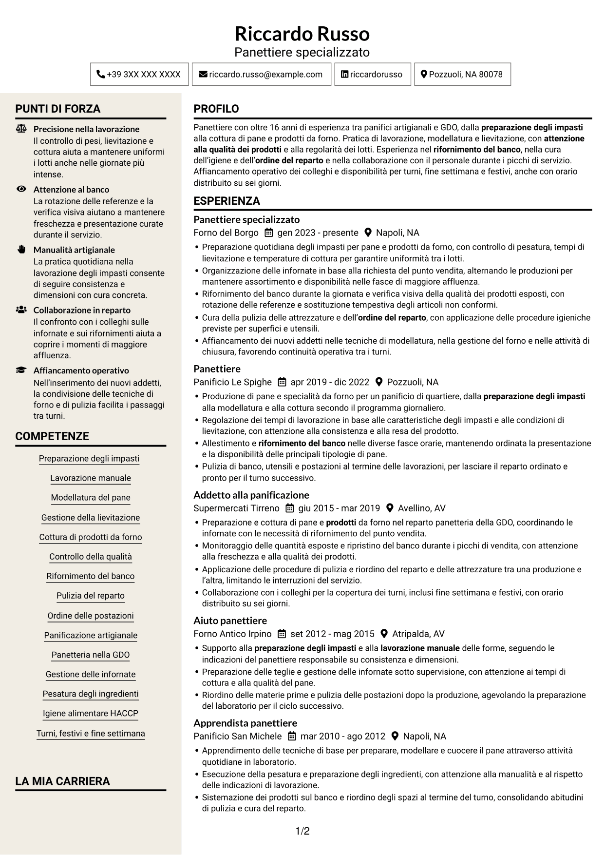 CV Intraprendente (formato a due colonne con intestazione centrata senza foto): Panettiere - Produzione di pane, pagina 1