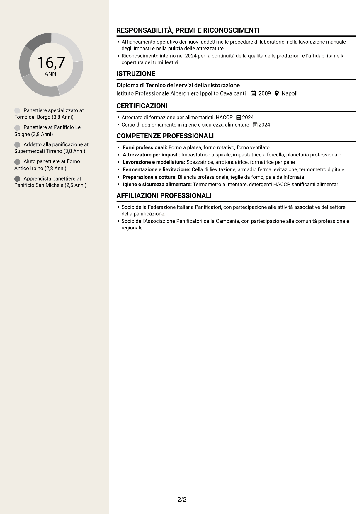 CV Intraprendente (formato a due colonne con intestazione centrata senza foto): Panettiere - Produzione di pane, pagina 2