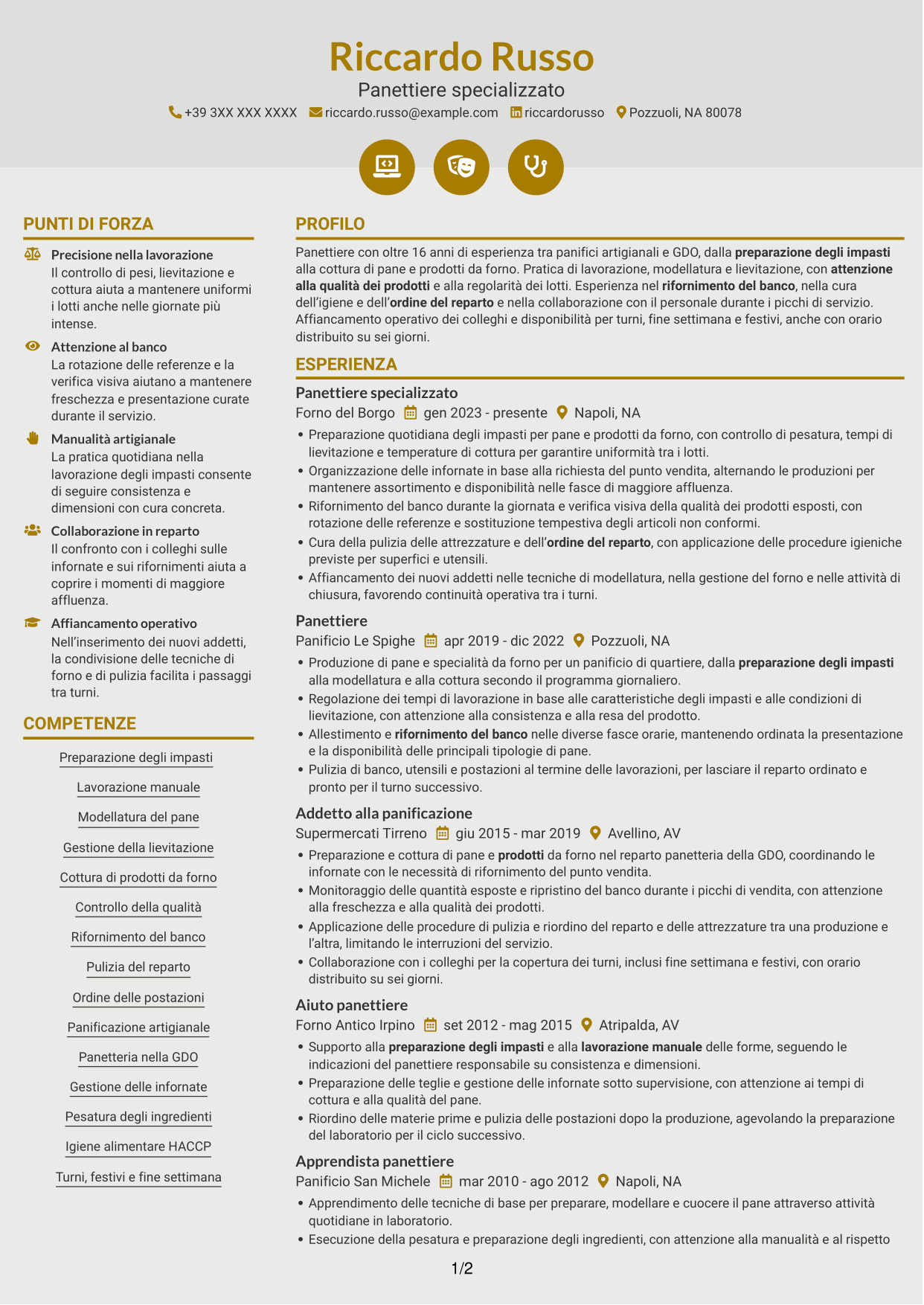 CV Dinamico (formato a due colonne con icone): Panettiere - Produzione di pane, pagina 1