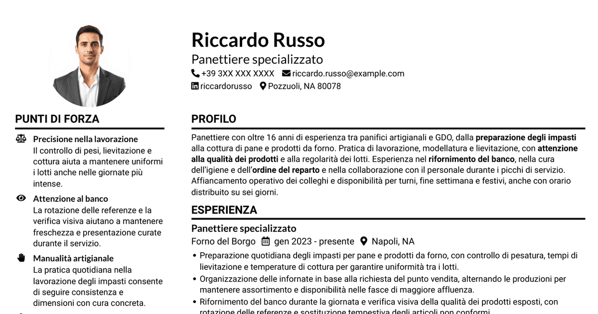 7 modelli di CV per Panettiere - Produzione di pane, con esempi