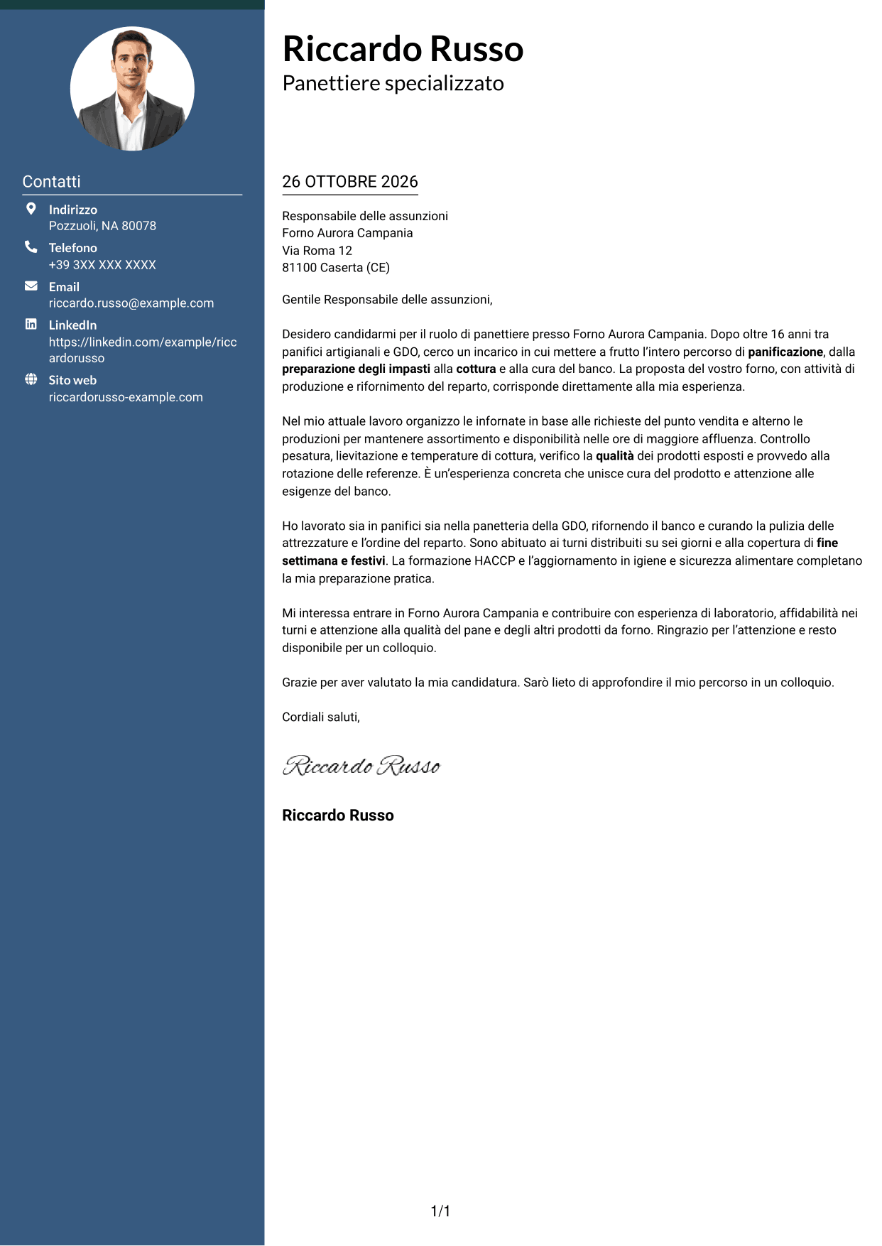 Lettera di presentazione Elegante (formato con colonna laterale colorata e foto): Panettiere - Produzione di pane, pagina 1