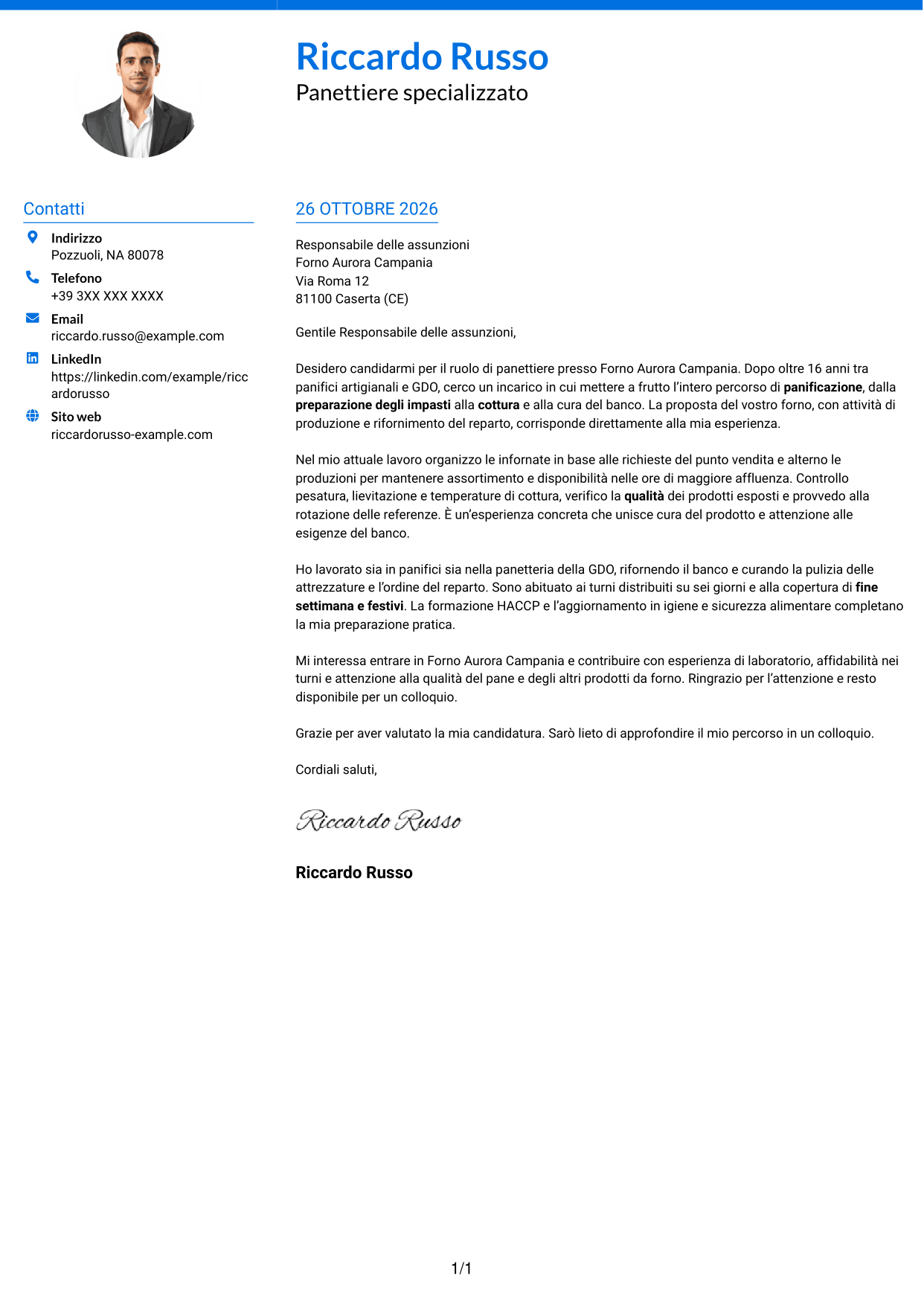 Lettera di presentazione Audace (formato a due colonne con accenti colorati e foto): Panettiere - Produzione di pane, pagina 1