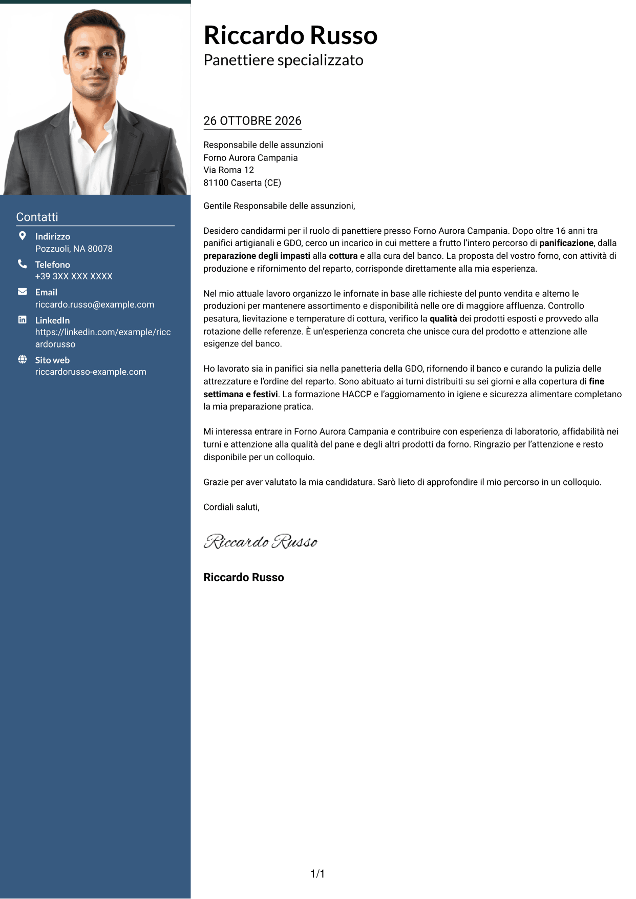 Lettera di presentazione Signature (formato con colonna laterale colorata e foto grande): Panettiere - Produzione di pane, pagina 1