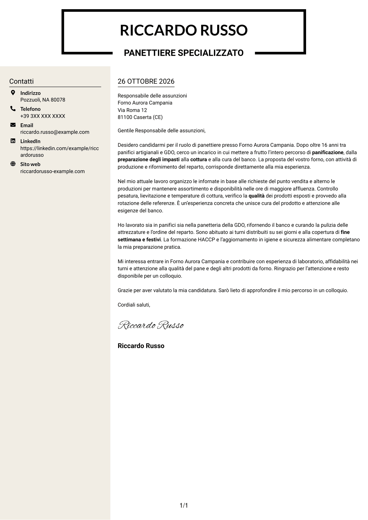 Lettera di presentazione Intraprendente (formato a due colonne con intestazione centrata senza foto): Panettiere - Produzione di pane, pagina 1