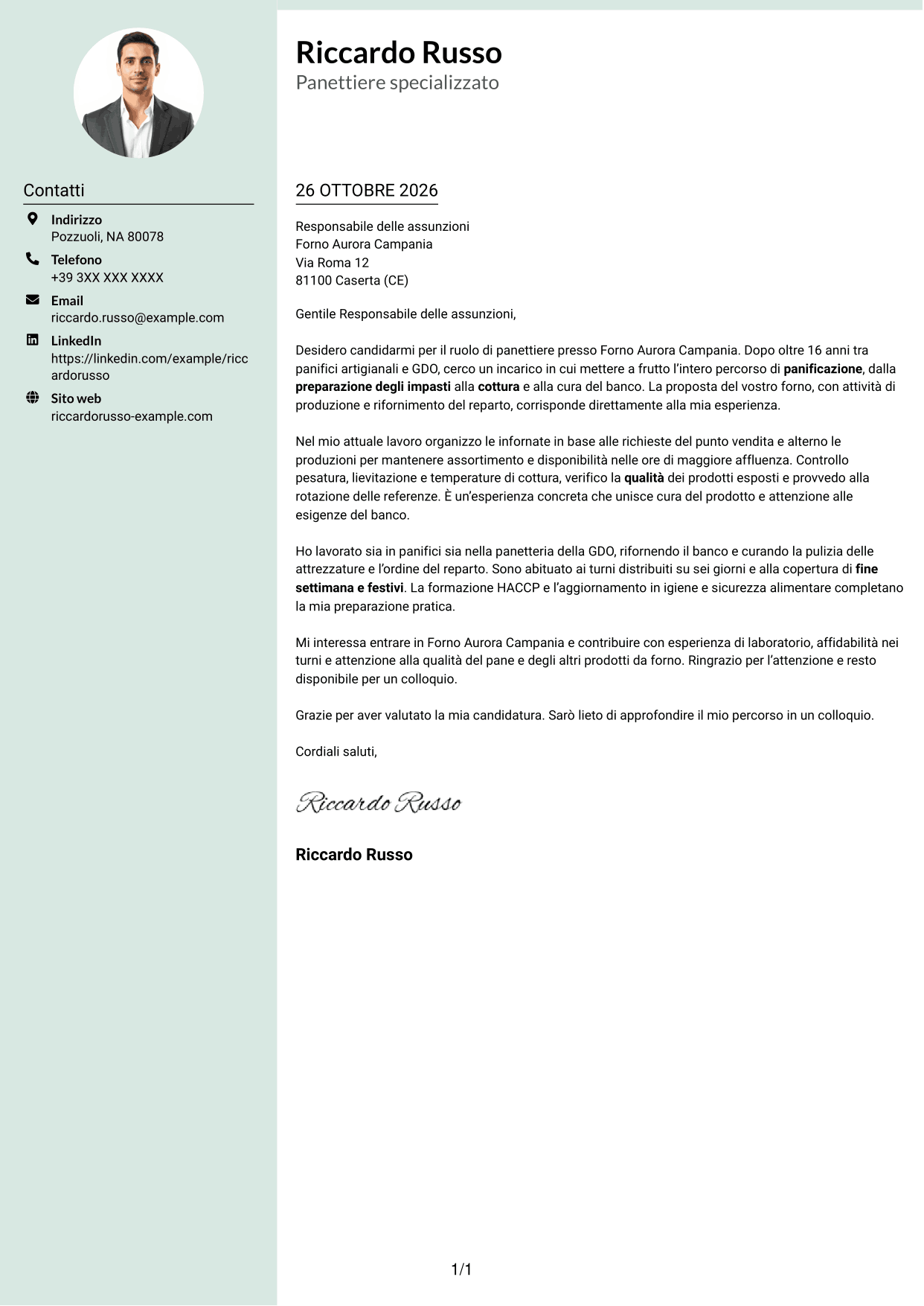 Lettera di presentazione Dirigente (formato con colonna laterale tenue e foto arrotondata): Panettiere - Produzione di pane, pagina 1