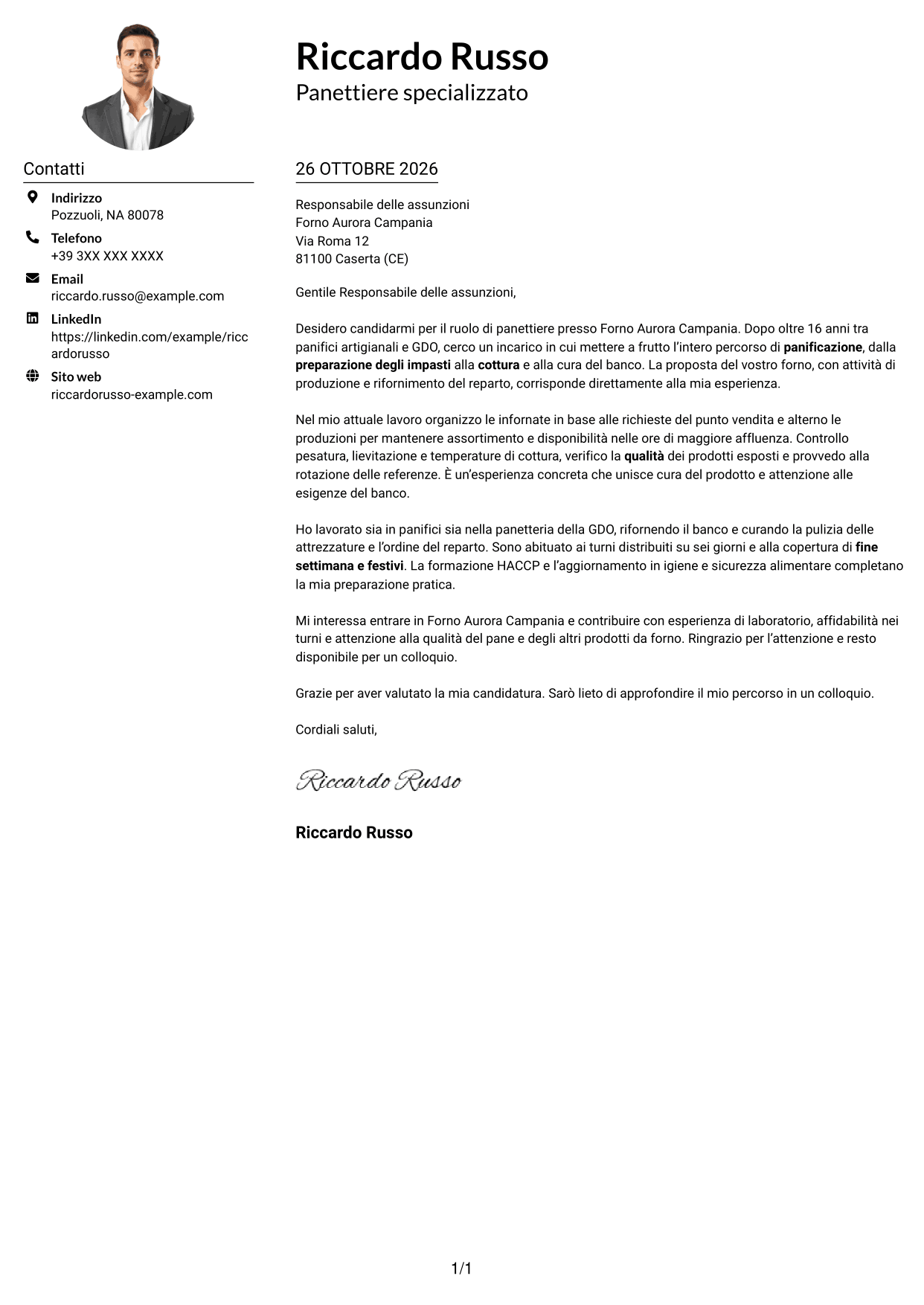 Esempio di lettera di presentazione — pagina 1