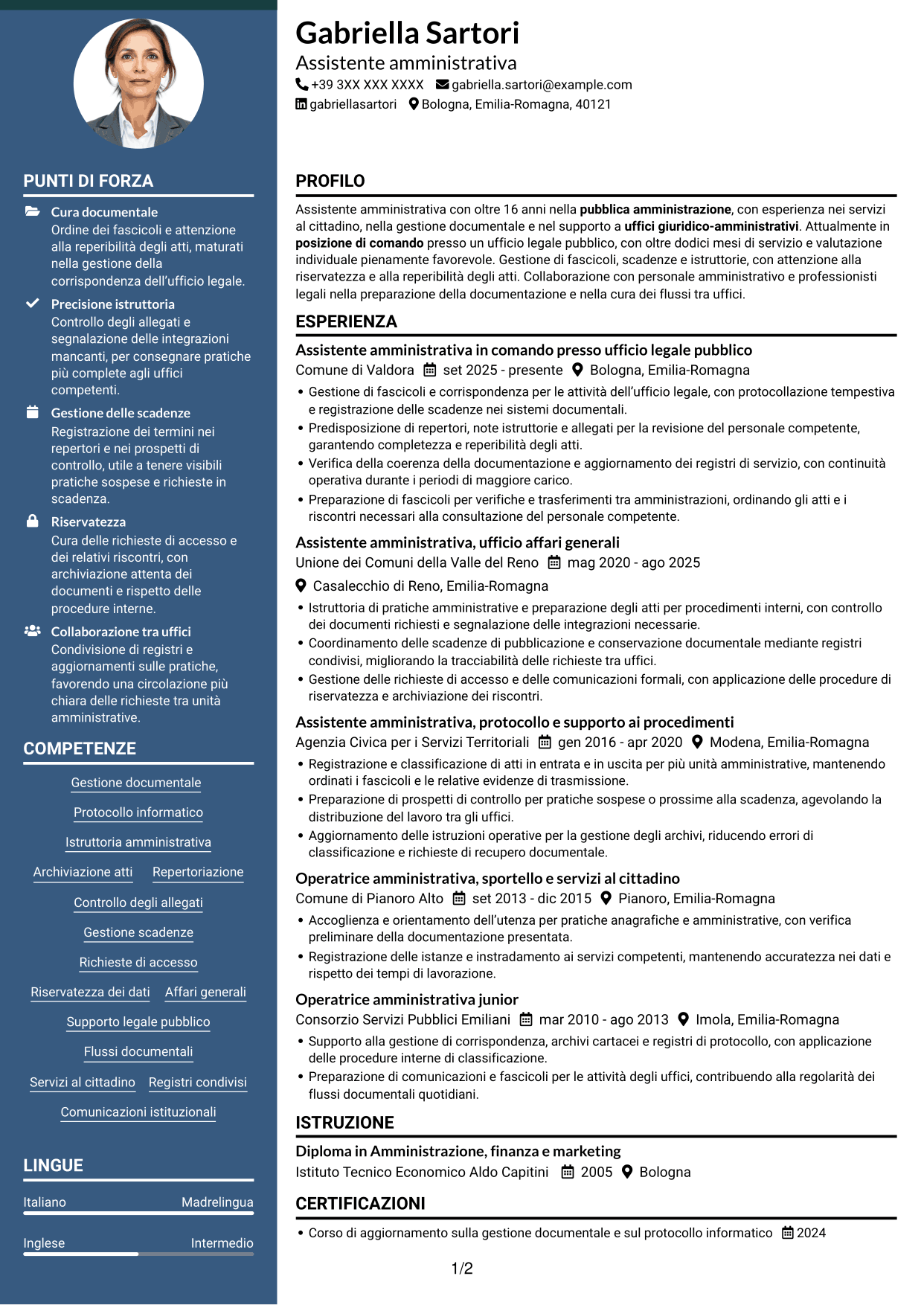 CV Elegante (formato con colonna laterale colorata e foto): Personale amministrativo - Servizi per uffici legali pubblici, pagina 1