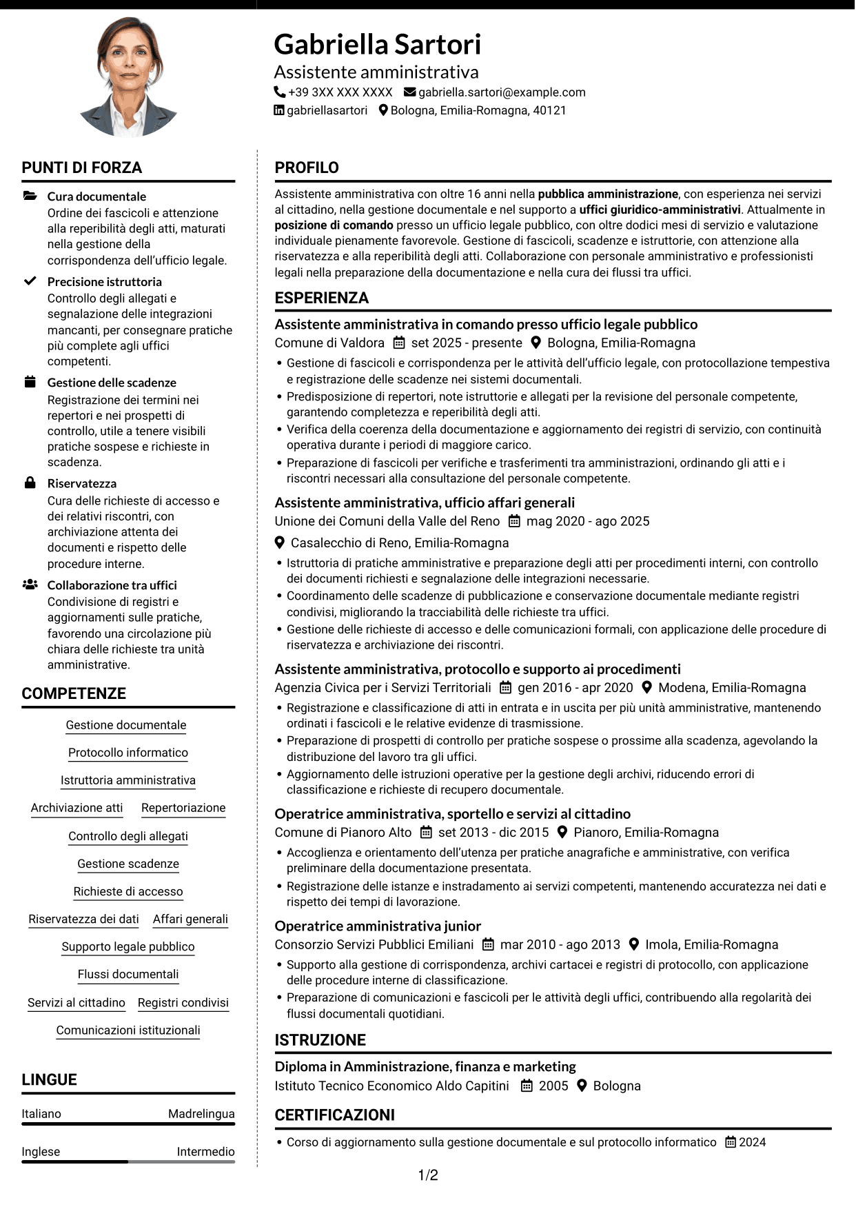 CV Moderno (formato a due colonne con foto a sinistra e separatore): Personale amministrativo - Servizi per uffici legali pubblici, pagina 1