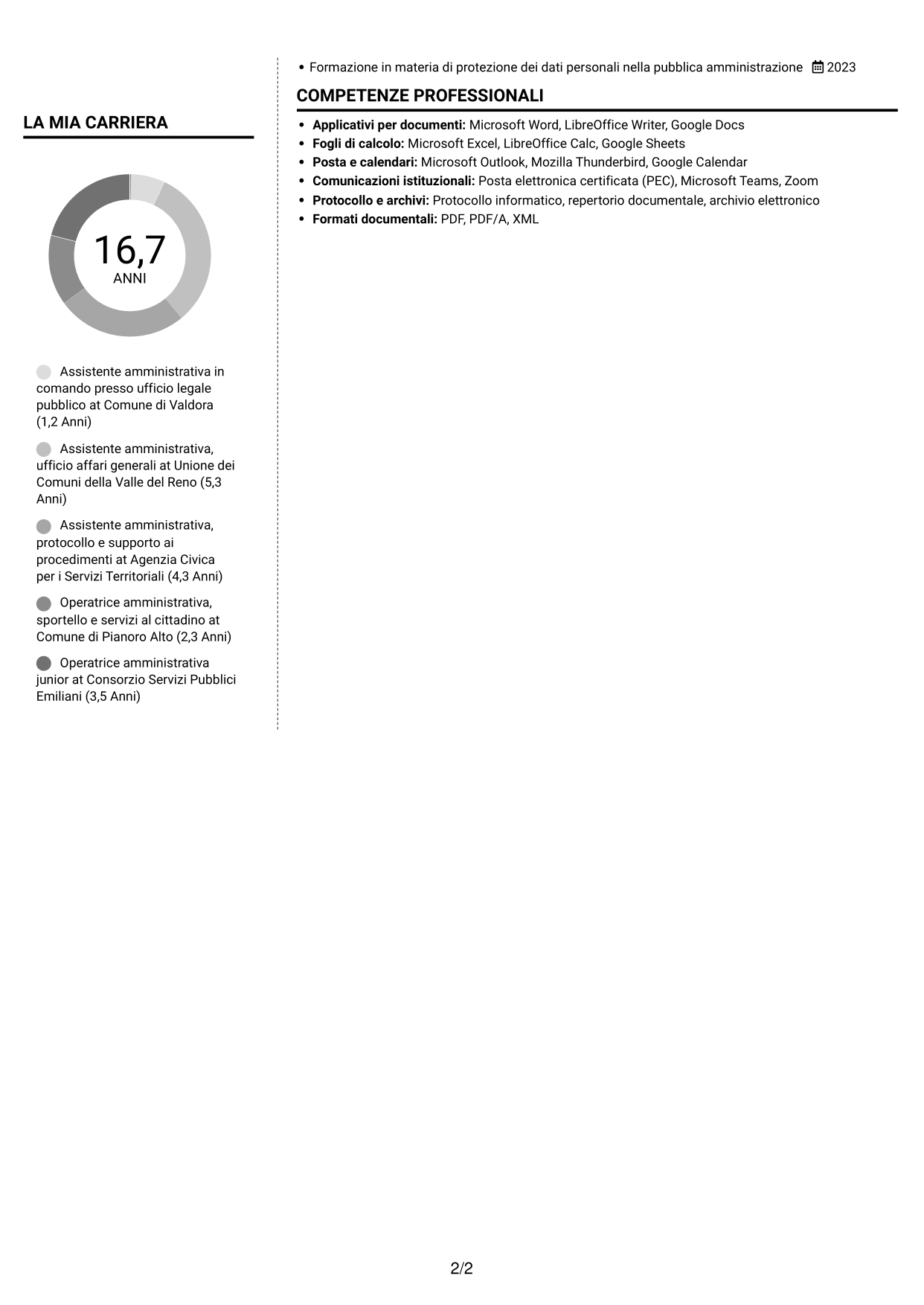 CV Moderno (formato a due colonne con foto a sinistra e separatore): Personale amministrativo - Servizi per uffici legali pubblici, pagina 2