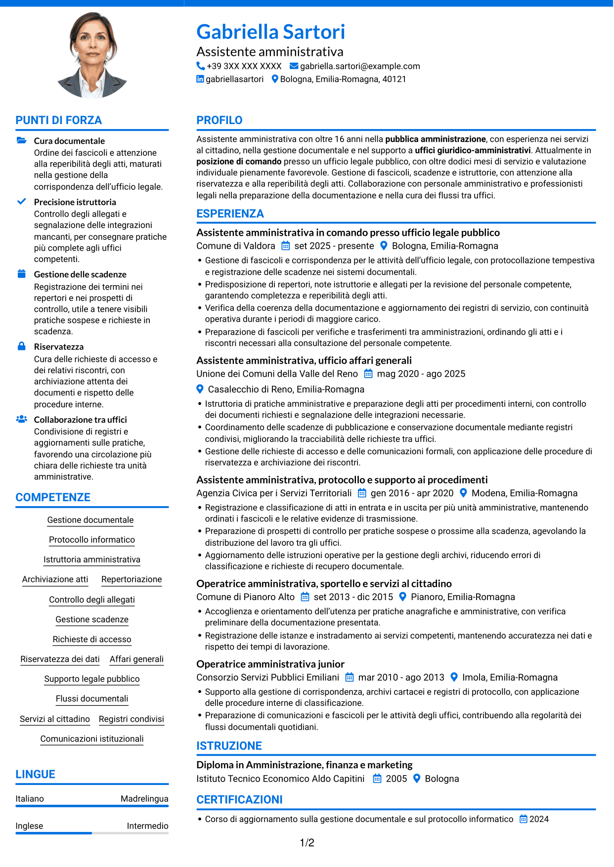 CV Audace (formato a due colonne con accenti colorati e foto): Personale amministrativo - Servizi per uffici legali pubblici, pagina 1