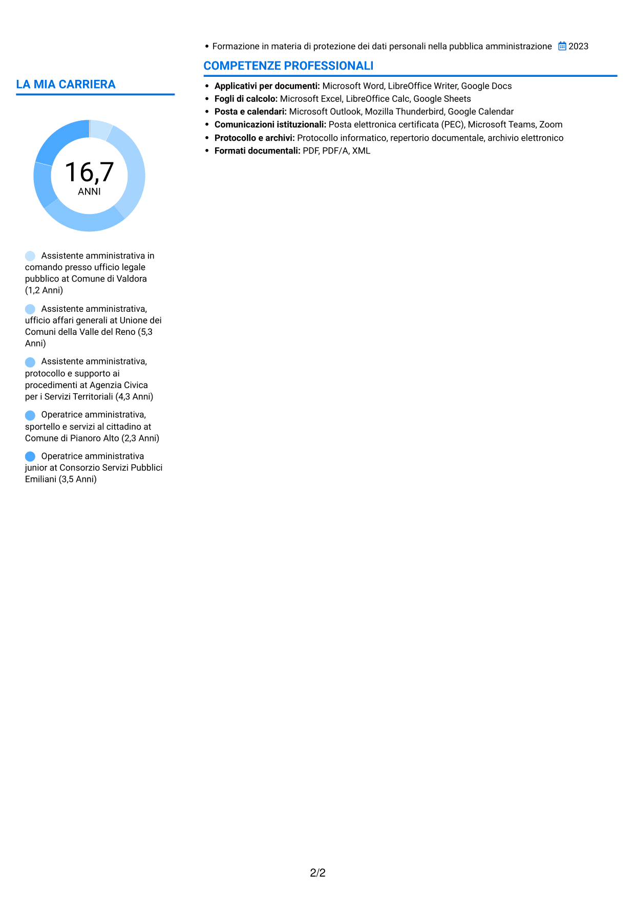 CV Audace (formato a due colonne con accenti colorati e foto): Personale amministrativo - Servizi per uffici legali pubblici, pagina 2