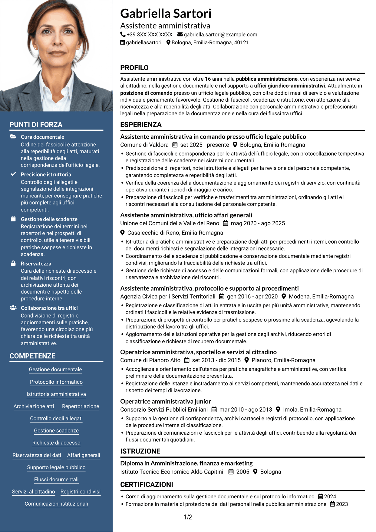 CV Signature (formato con colonna laterale colorata e foto grande): Personale amministrativo - Servizi per uffici legali pubblici, pagina 1