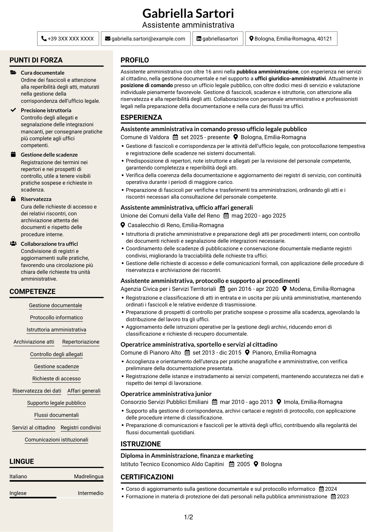CV Intraprendente (formato a due colonne con intestazione centrata senza foto): Personale amministrativo - Servizi per uffici legali pubblici, pagina 1