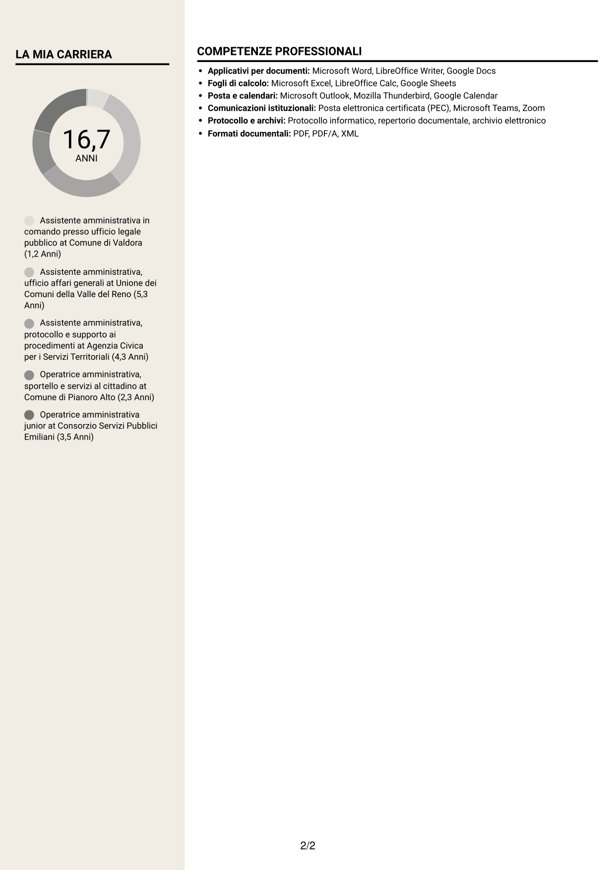 CV Intraprendente (formato a due colonne con intestazione centrata senza foto): Personale amministrativo - Servizi per uffici legali pubblici, pagina 2