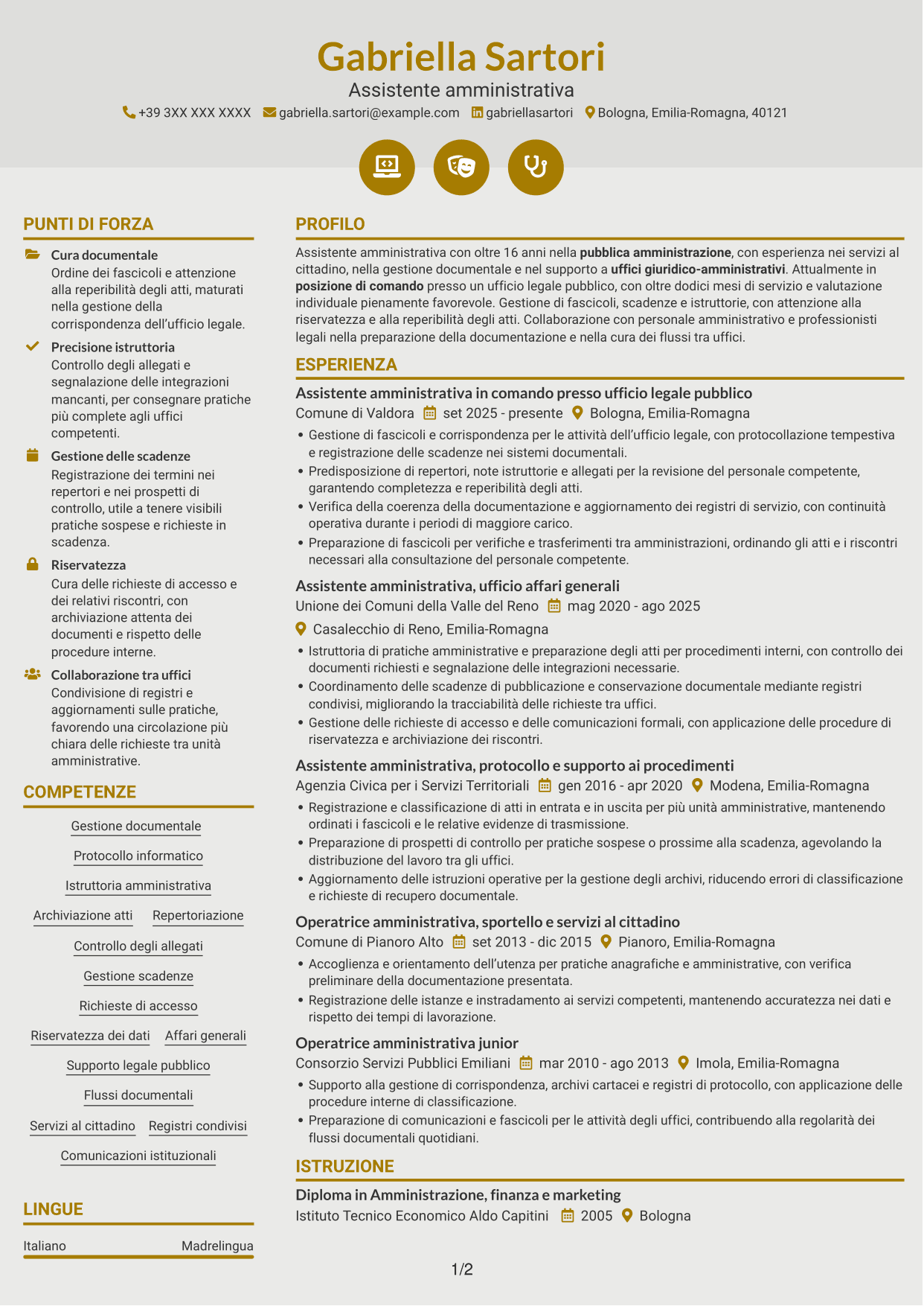 CV Dinamico (formato a due colonne con icone): Personale amministrativo - Servizi per uffici legali pubblici, pagina 1
