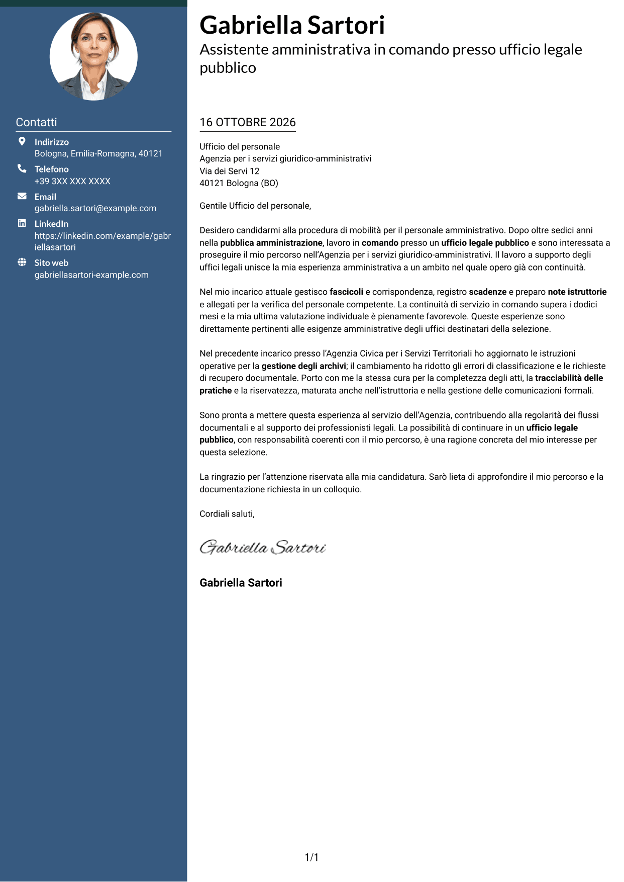 Lettera di presentazione Elegante (formato con colonna laterale colorata e foto): Personale amministrativo - Servizi per uffici legali pubblici, pagina 1