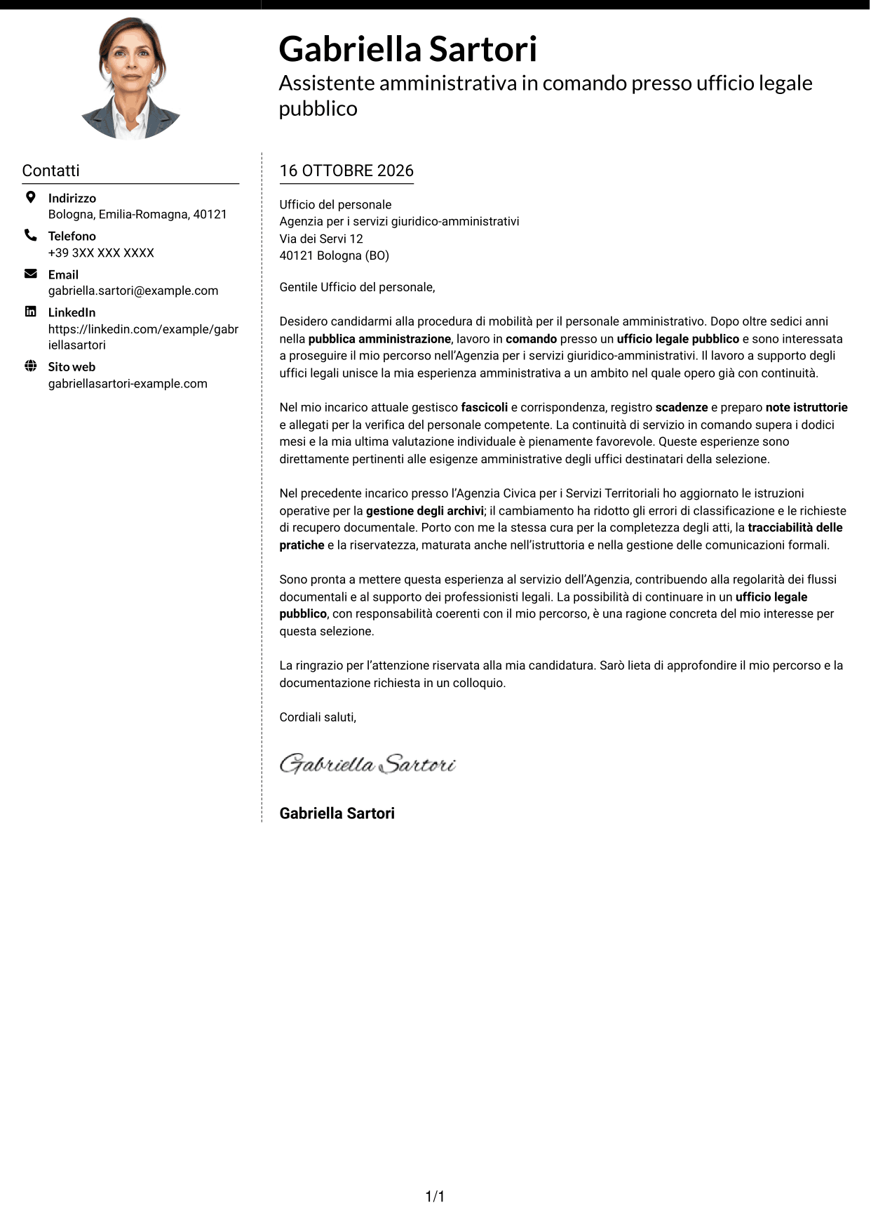 Lettera di presentazione Moderno (formato a due colonne con foto a sinistra e separatore): Personale amministrativo - Servizi per uffici legali pubblici, pagina 1
