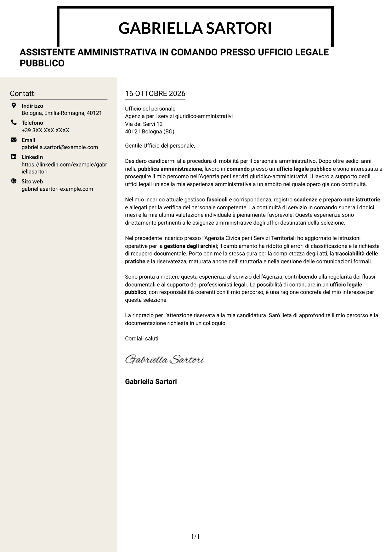 Lettera di presentazione Intraprendente (formato a due colonne con intestazione centrata senza foto): Personale amministrativo - Servizi per uffici legali pubblici, pagina 1