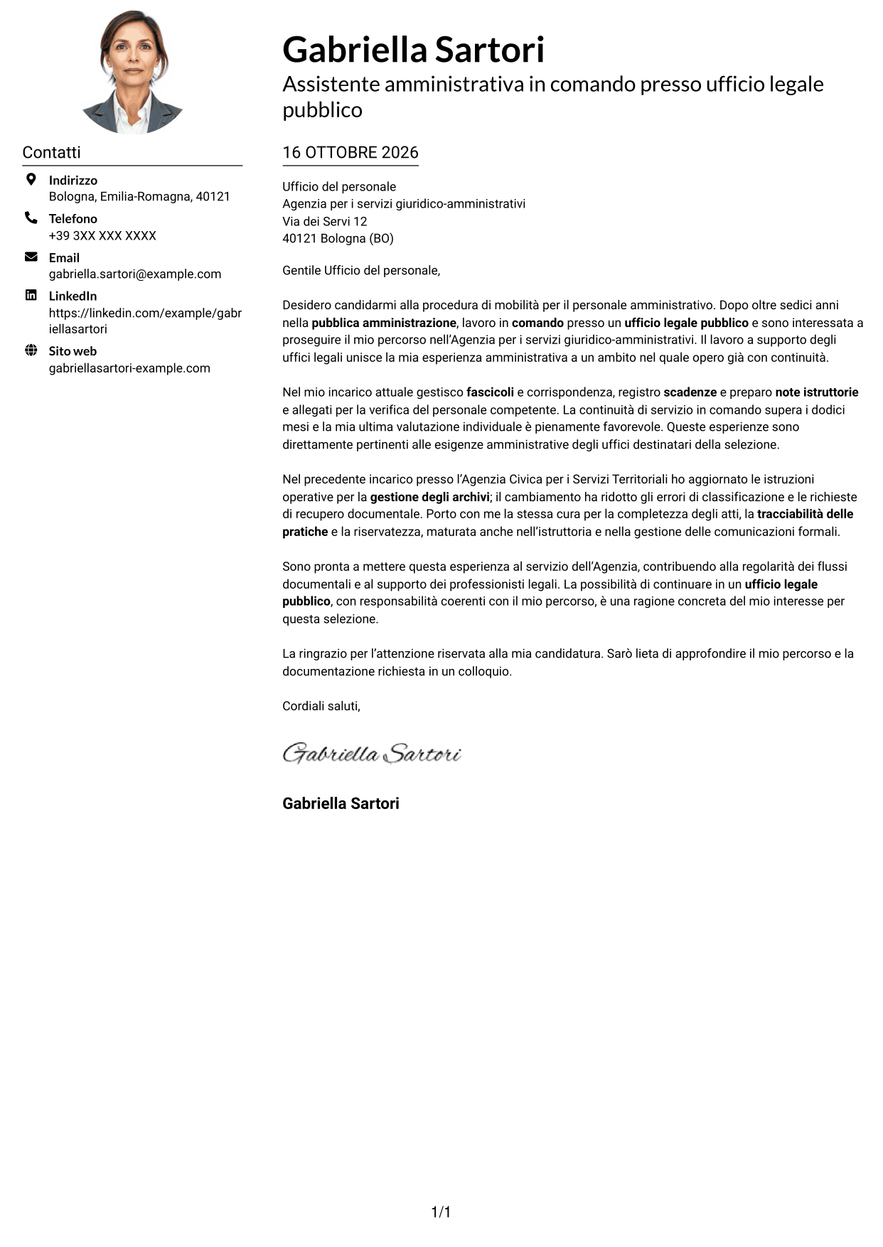 Esempio di lettera di presentazione — pagina 1