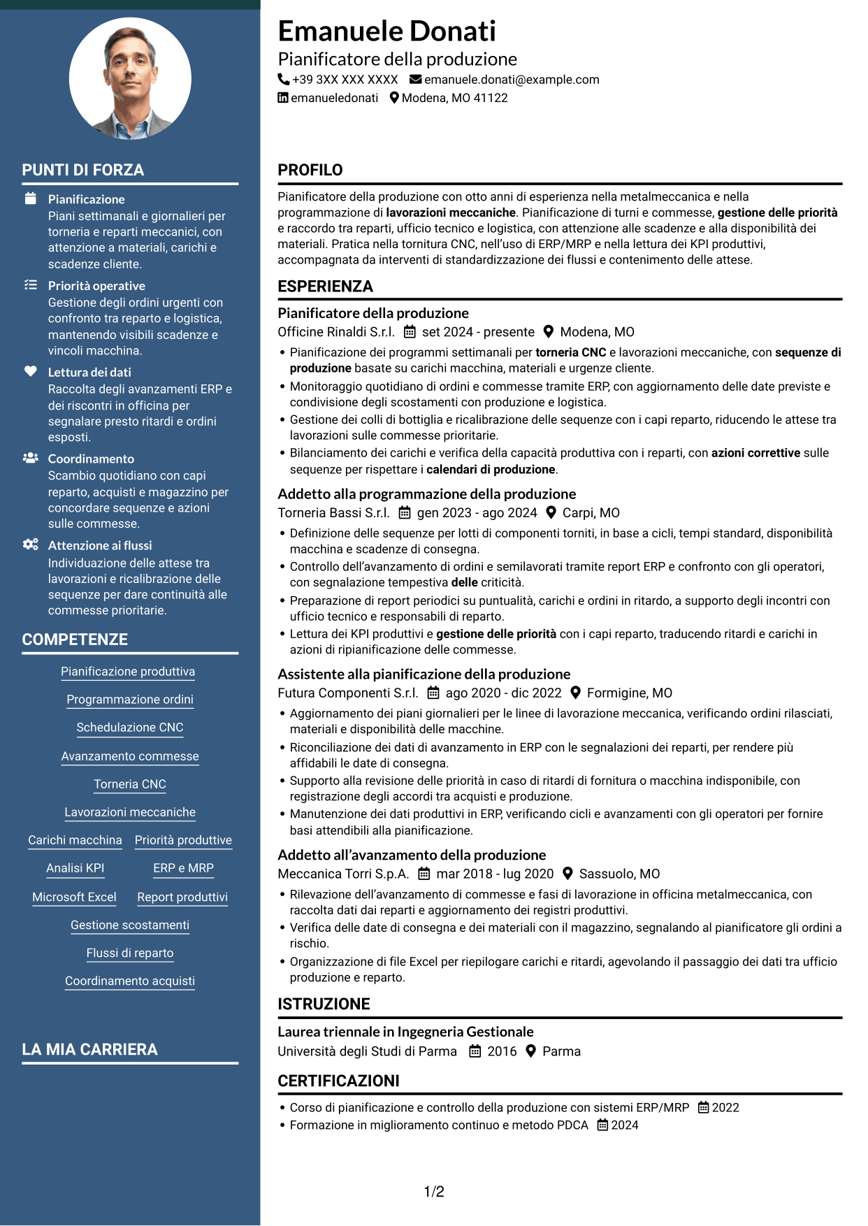 CV Elegante (formato con colonna laterale colorata e foto): Pianificatore della Produzione - Torneria meccanica, pagina 1