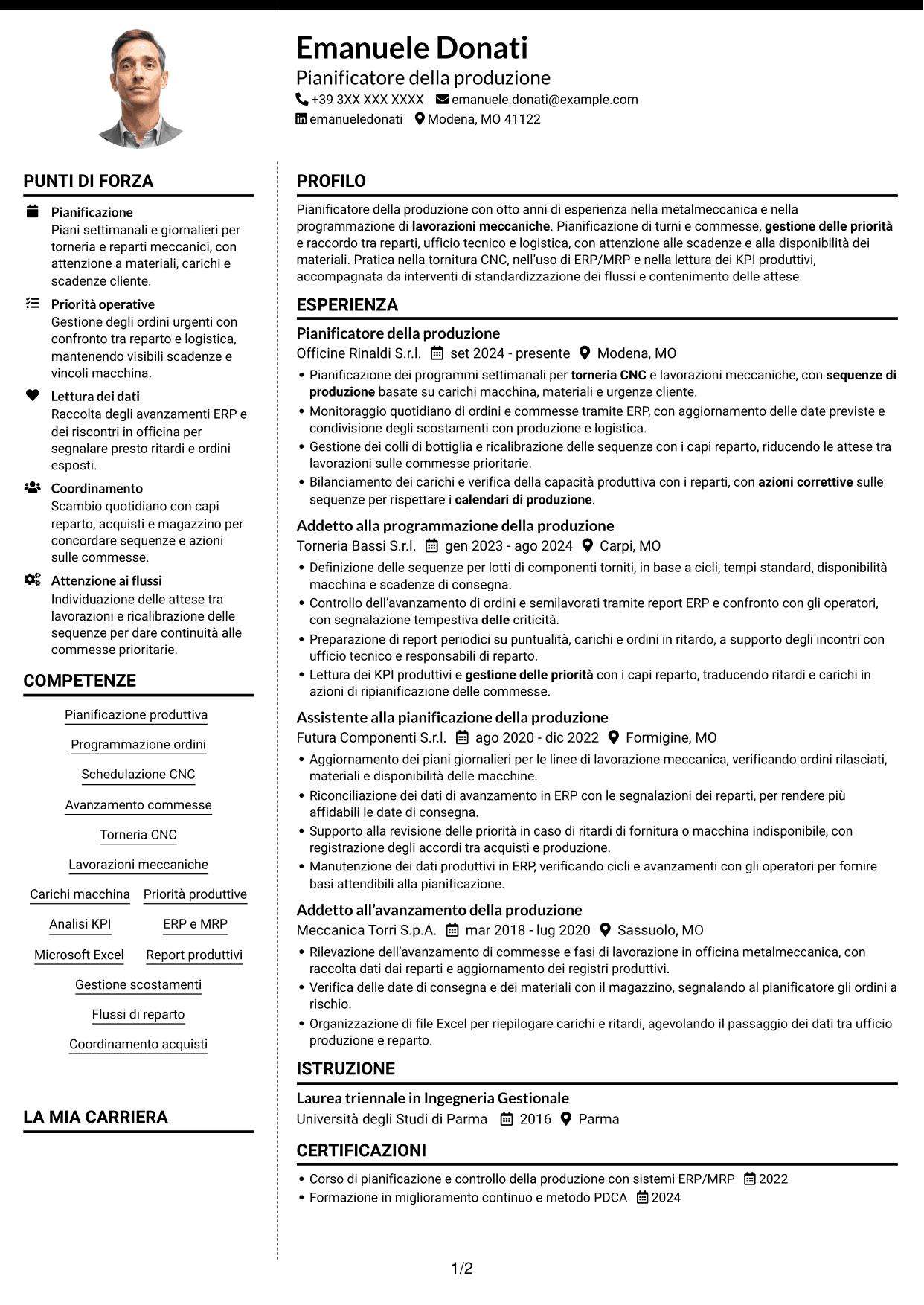 CV Moderno (formato a due colonne con foto a sinistra e separatore): Pianificatore della Produzione - Torneria meccanica, pagina 1