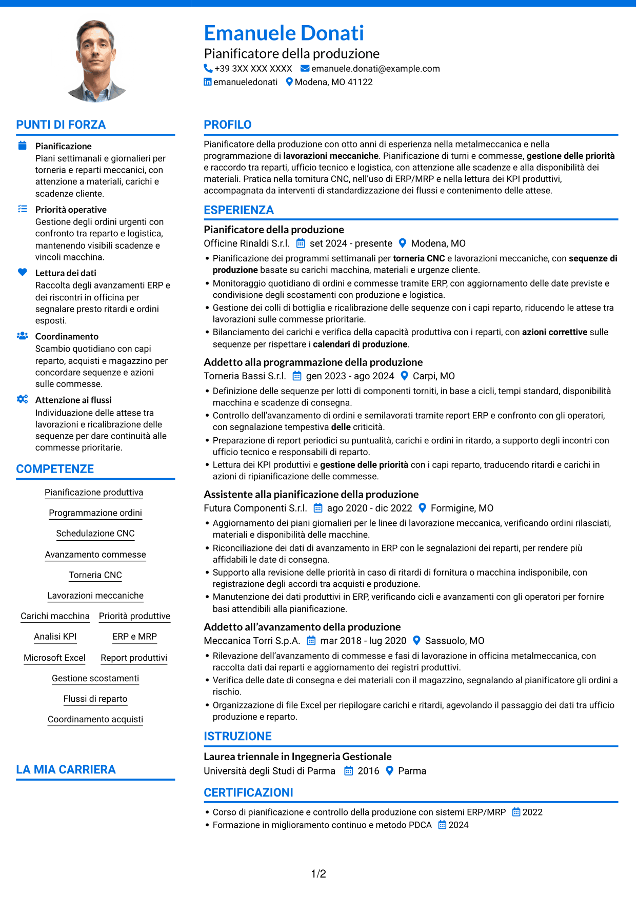 CV Audace (formato a due colonne con accenti colorati e foto): Pianificatore della Produzione - Torneria meccanica, pagina 1