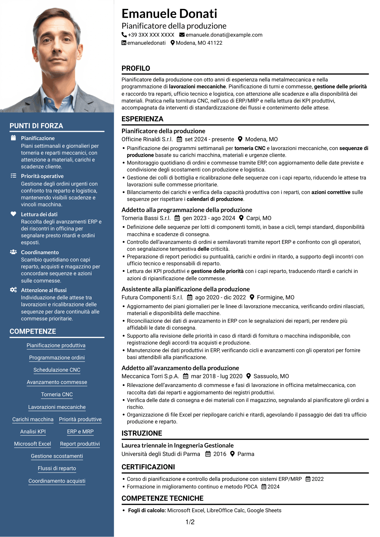 CV Signature (formato con colonna laterale colorata e foto grande): Pianificatore della Produzione - Torneria meccanica, pagina 1