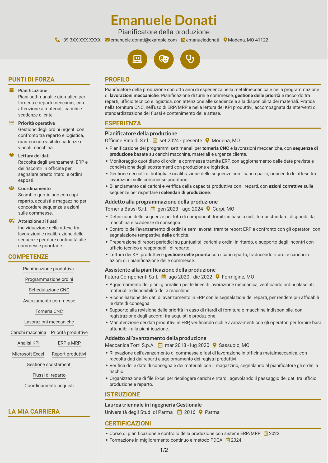 CV Dinamico (formato a due colonne con icone): Pianificatore della Produzione - Torneria meccanica, pagina 1