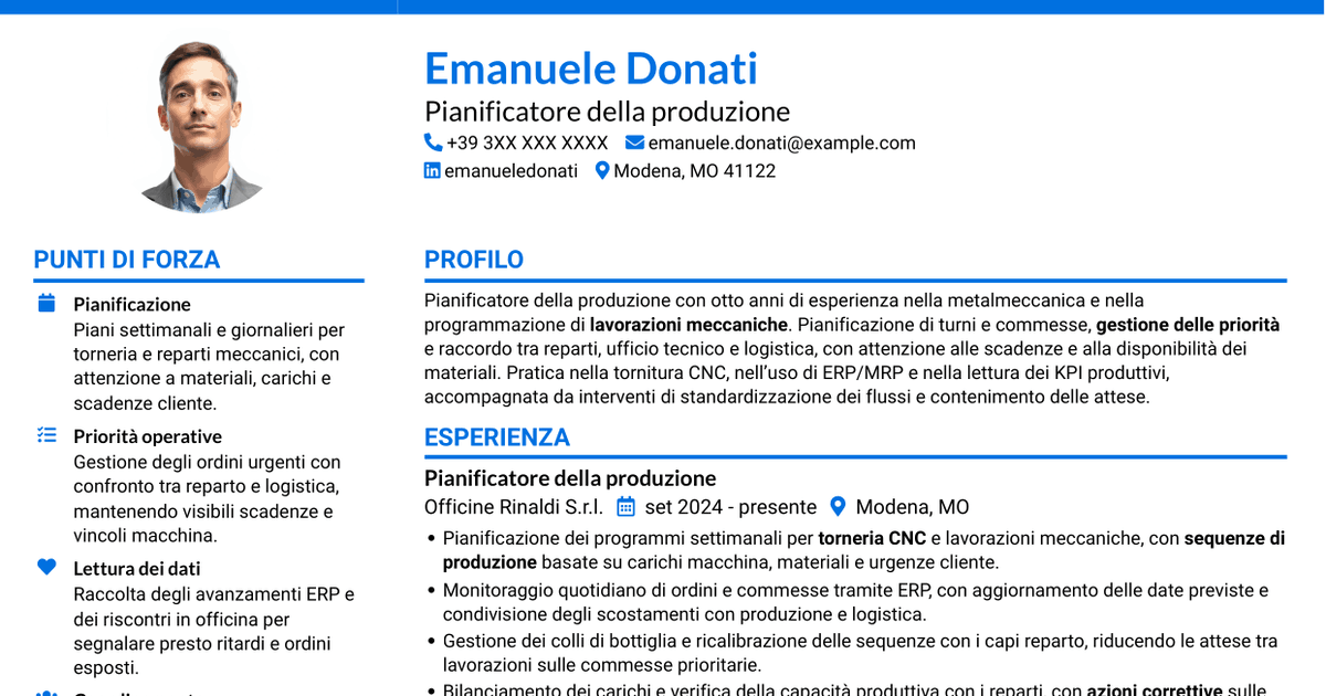 7 modelli di CV per Pianificatore della Produzione - Torneria meccanica, con esempi