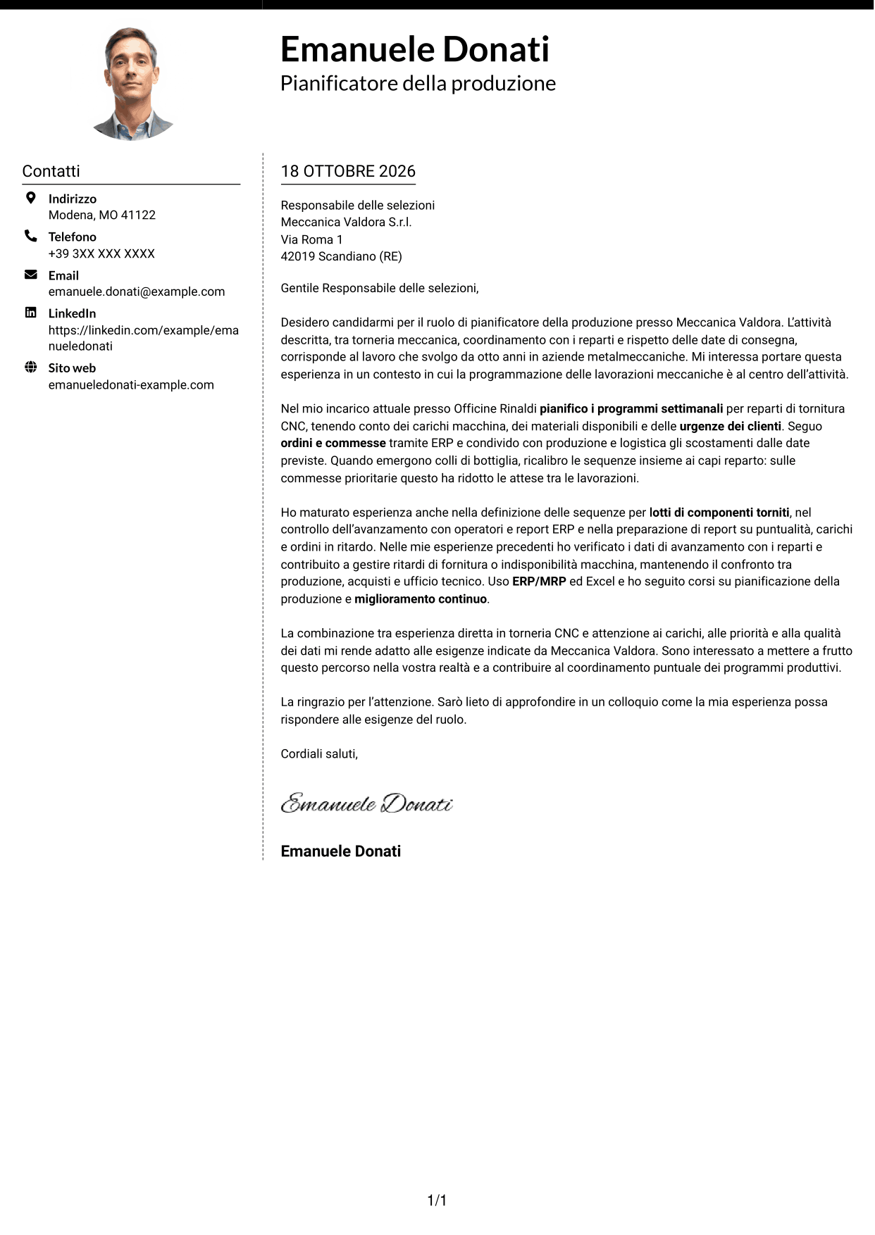 Lettera di presentazione Moderno (formato a due colonne con foto a sinistra e separatore): Pianificatore della Produzione - Torneria meccanica, pagina 1