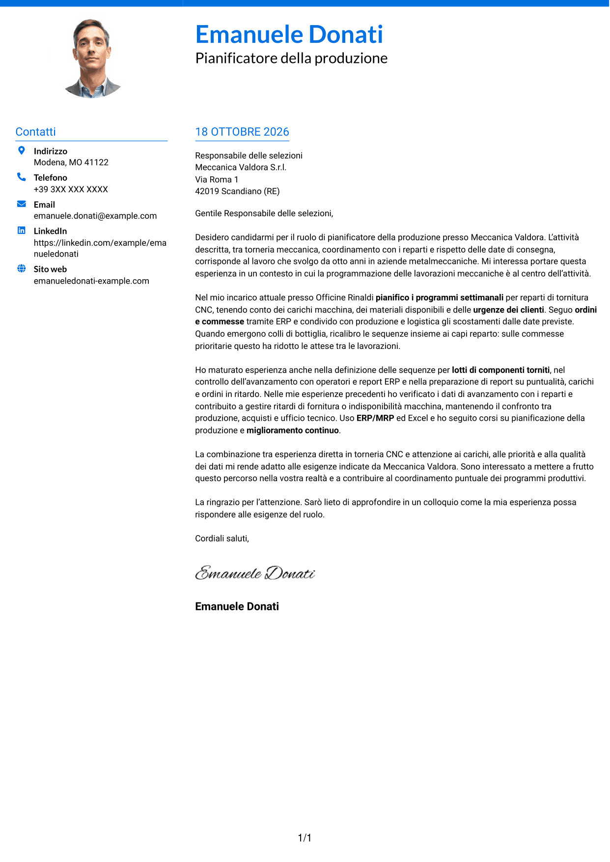 Lettera di presentazione Audace (formato a due colonne con accenti colorati e foto): Pianificatore della Produzione - Torneria meccanica, pagina 1