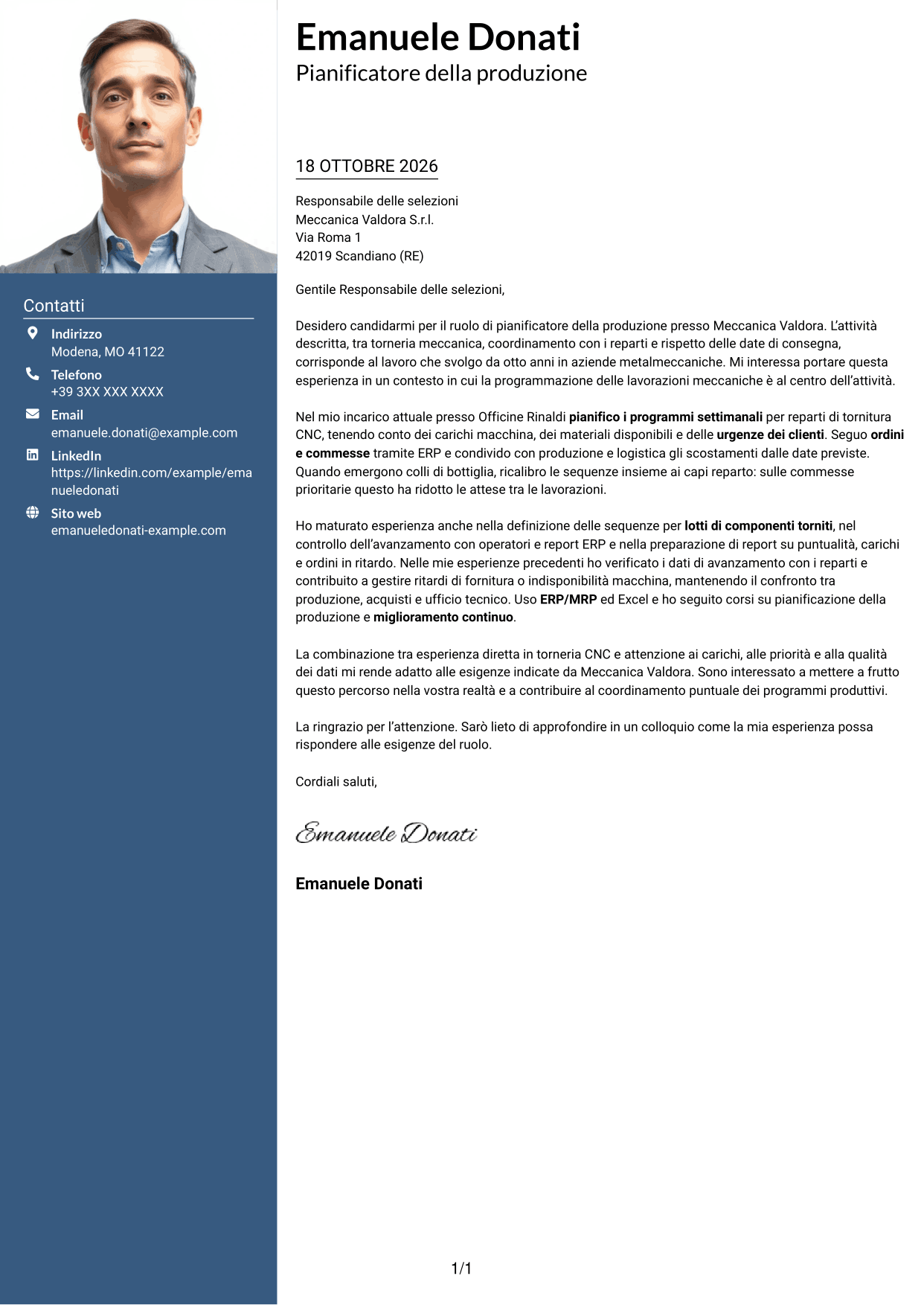 Lettera di presentazione Signature (formato con colonna laterale colorata e foto grande): Pianificatore della Produzione - Torneria meccanica, pagina 1