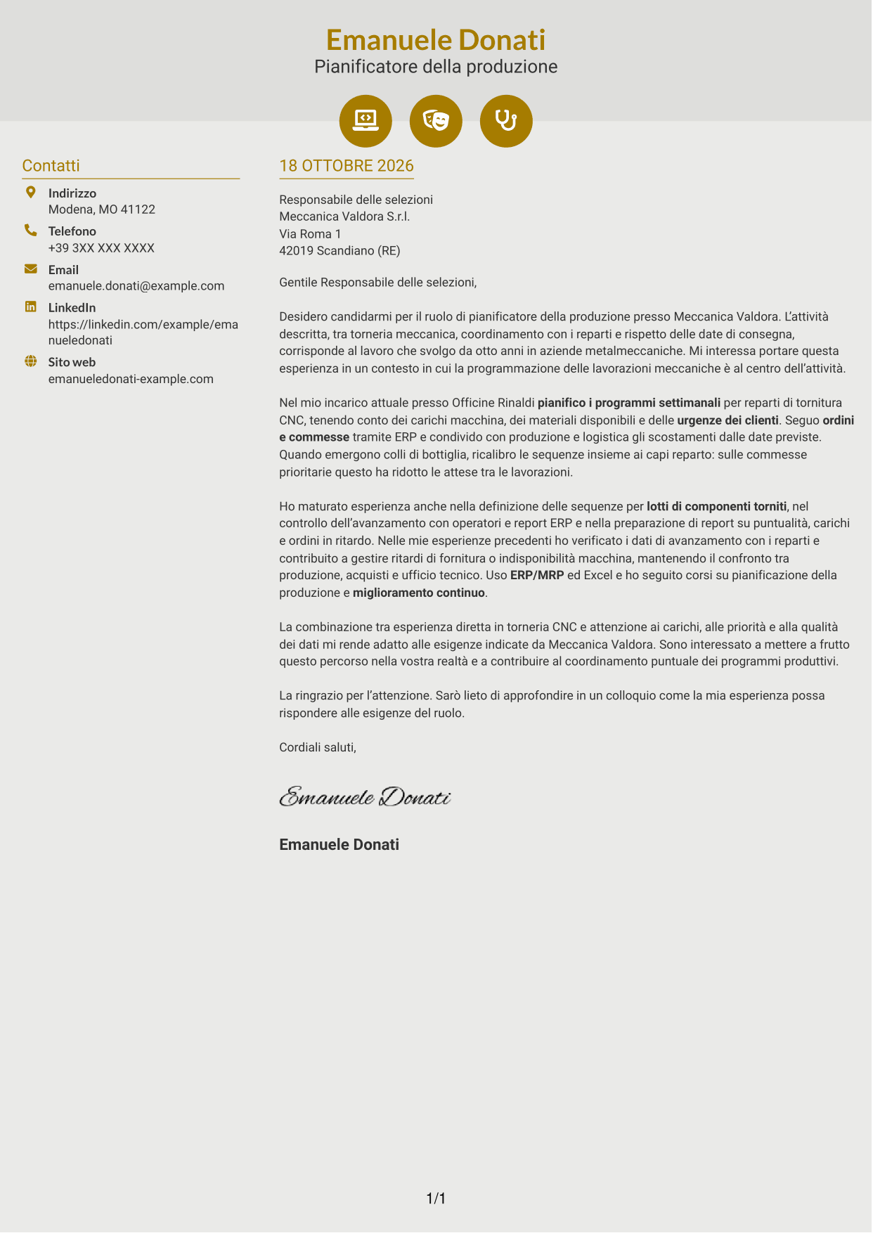 Lettera di presentazione Dinamico (formato a due colonne con icone): Pianificatore della Produzione - Torneria meccanica, pagina 1
