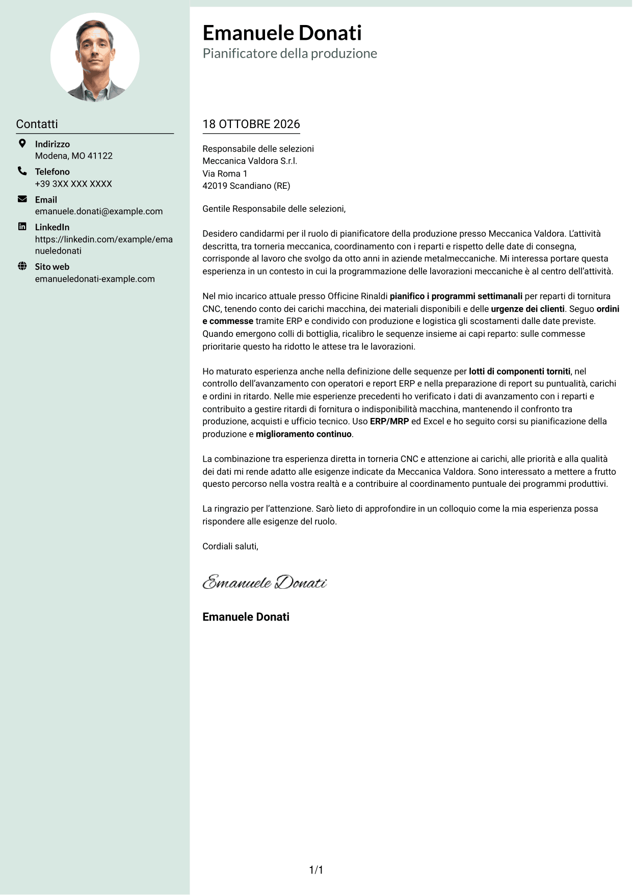Lettera di presentazione Dirigente (formato con colonna laterale tenue e foto arrotondata): Pianificatore della Produzione - Torneria meccanica, pagina 1