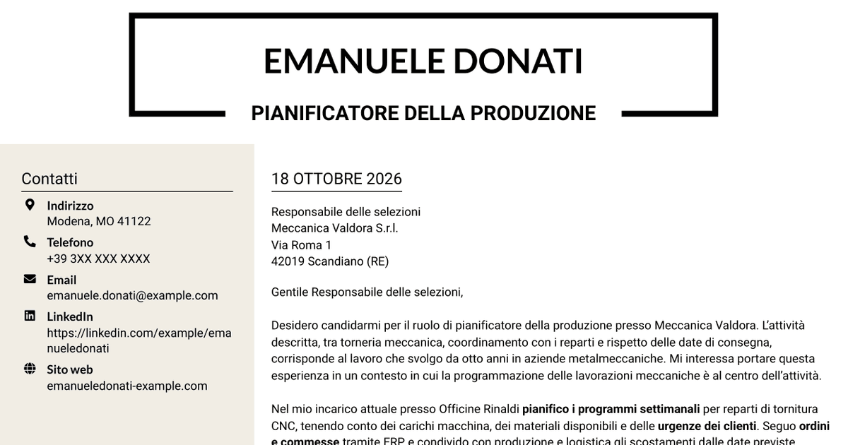 7 modelli di lettera di presentazione per Pianificatore della Produzione - Torneria meccanica, con esempi
