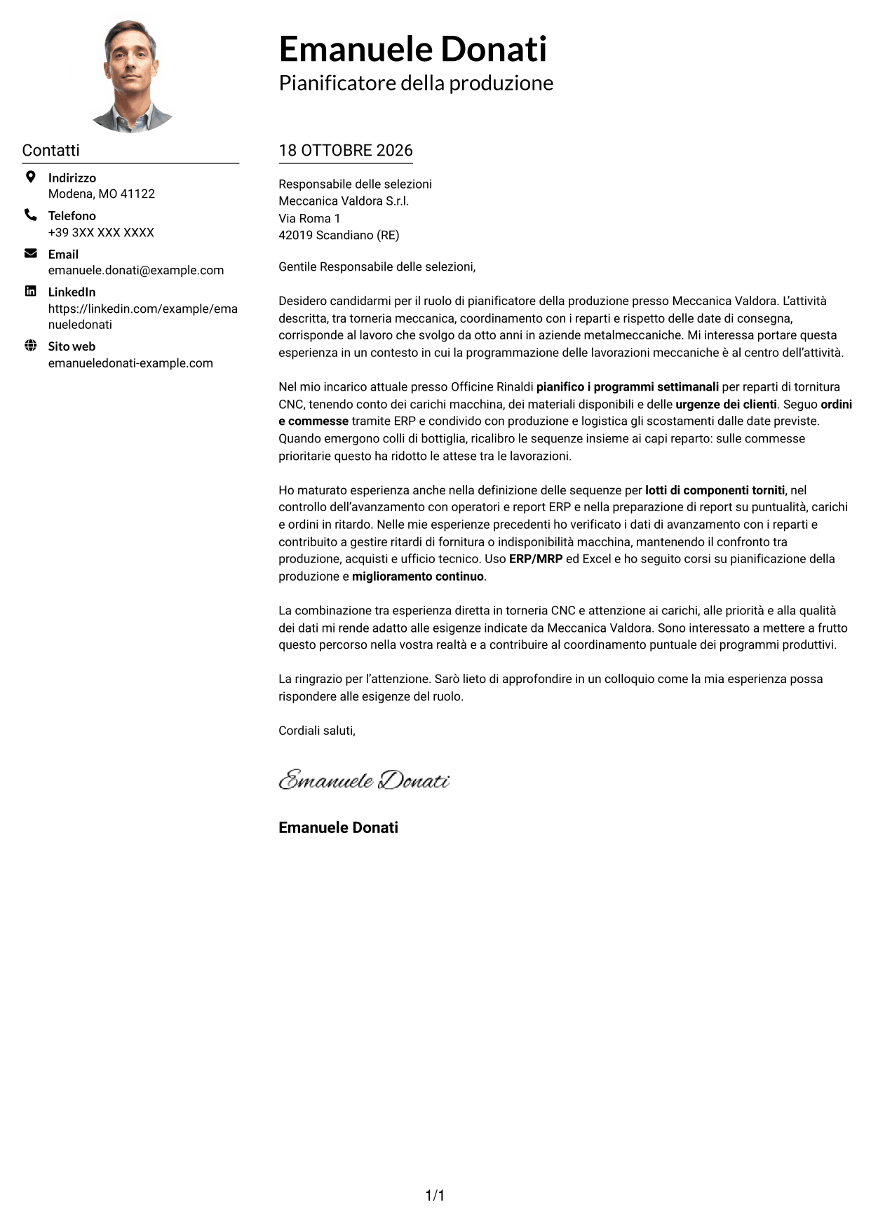 Esempio di lettera di presentazione — pagina 1