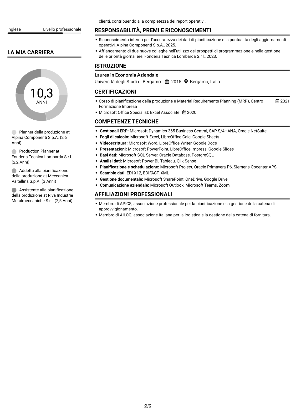 CV Compatto (formato sobrio a due colonne con foto): Planner e Scheduler - Automotive HLNG, pagina 2