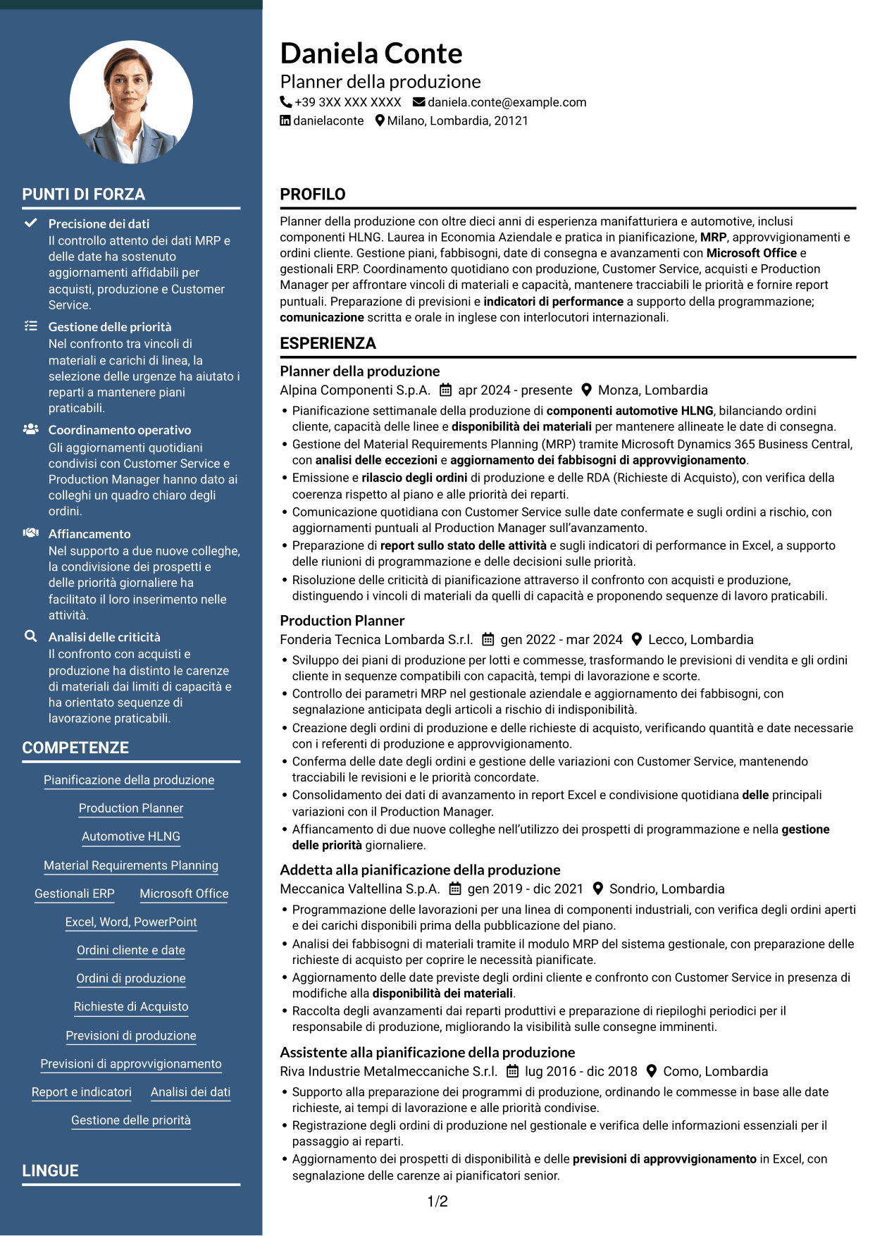 CV Elegante (formato con colonna laterale colorata e foto): Planner e Scheduler - Automotive HLNG, pagina 1