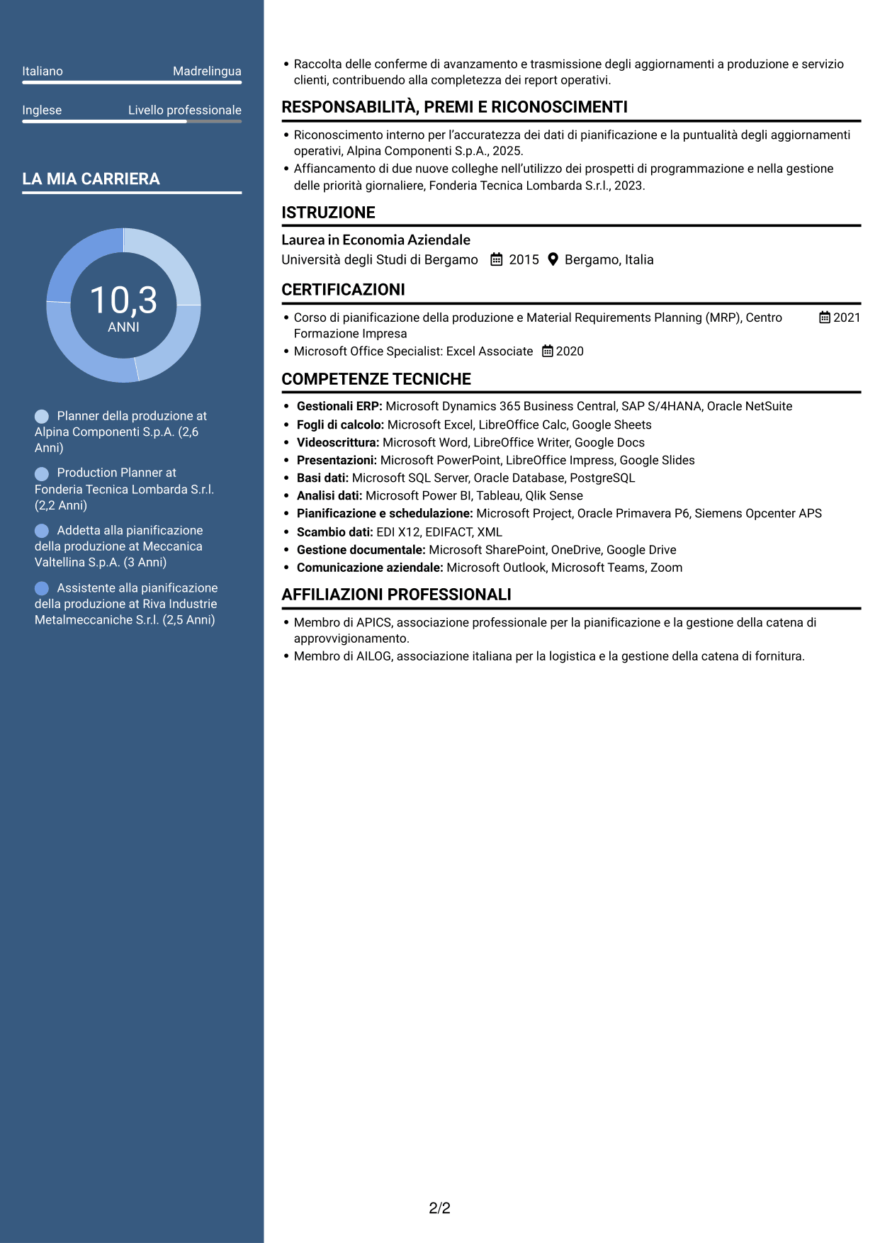 CV Elegante (formato con colonna laterale colorata e foto): Planner e Scheduler - Automotive HLNG, pagina 2