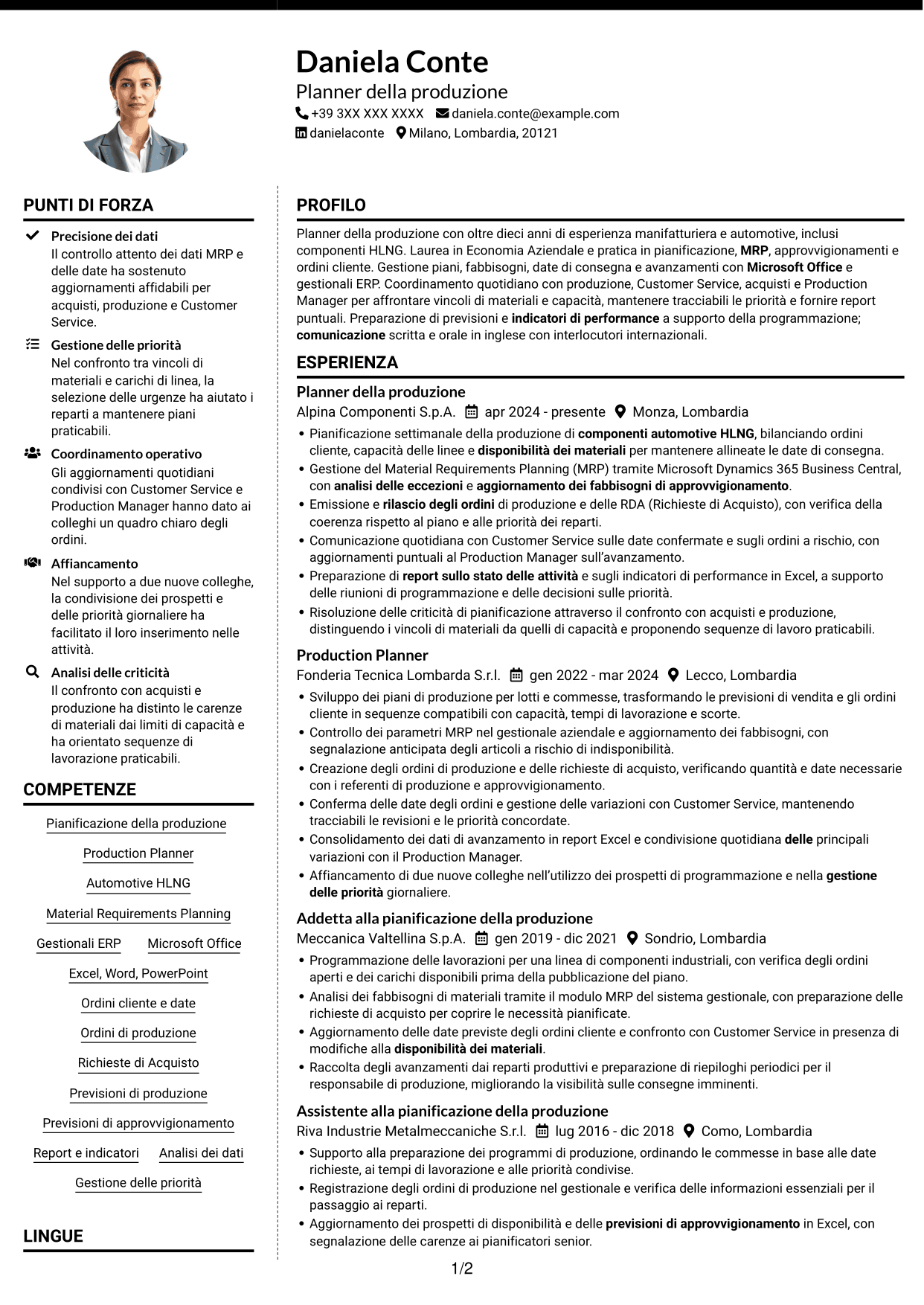 CV Moderno (formato a due colonne con foto a sinistra e separatore): Planner e Scheduler - Automotive HLNG, pagina 1