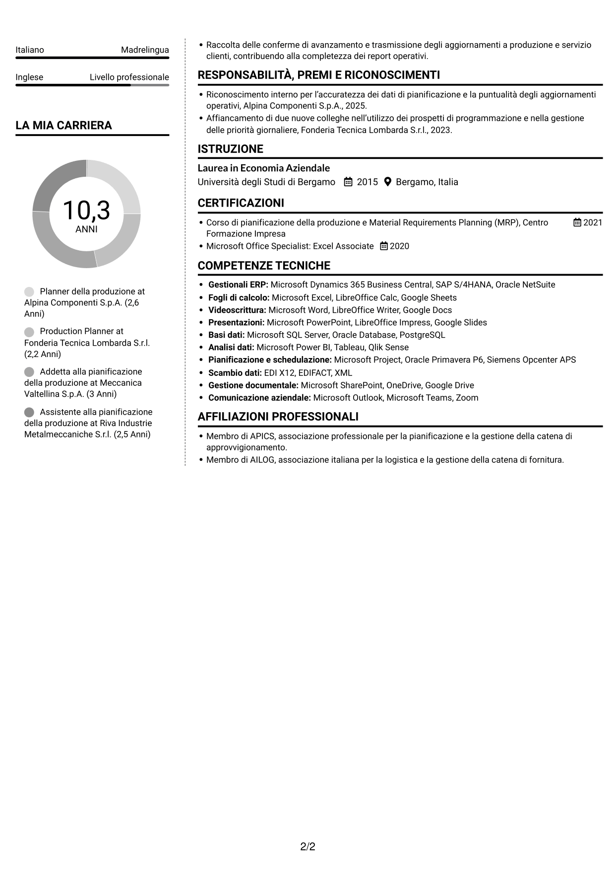 CV Moderno (formato a due colonne con foto a sinistra e separatore): Planner e Scheduler - Automotive HLNG, pagina 2