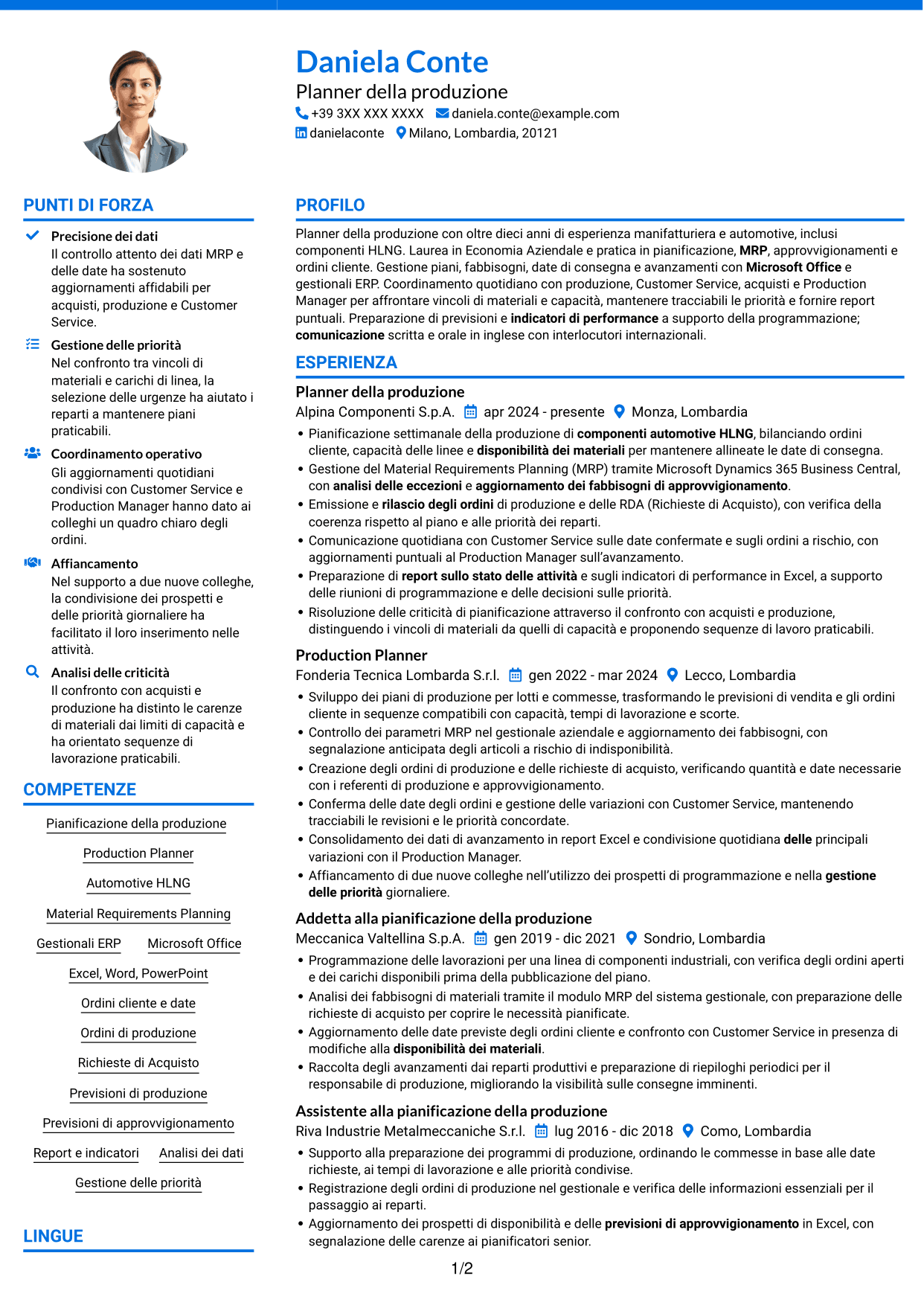 CV Audace (formato a due colonne con accenti colorati e foto): Planner e Scheduler - Automotive HLNG, pagina 1