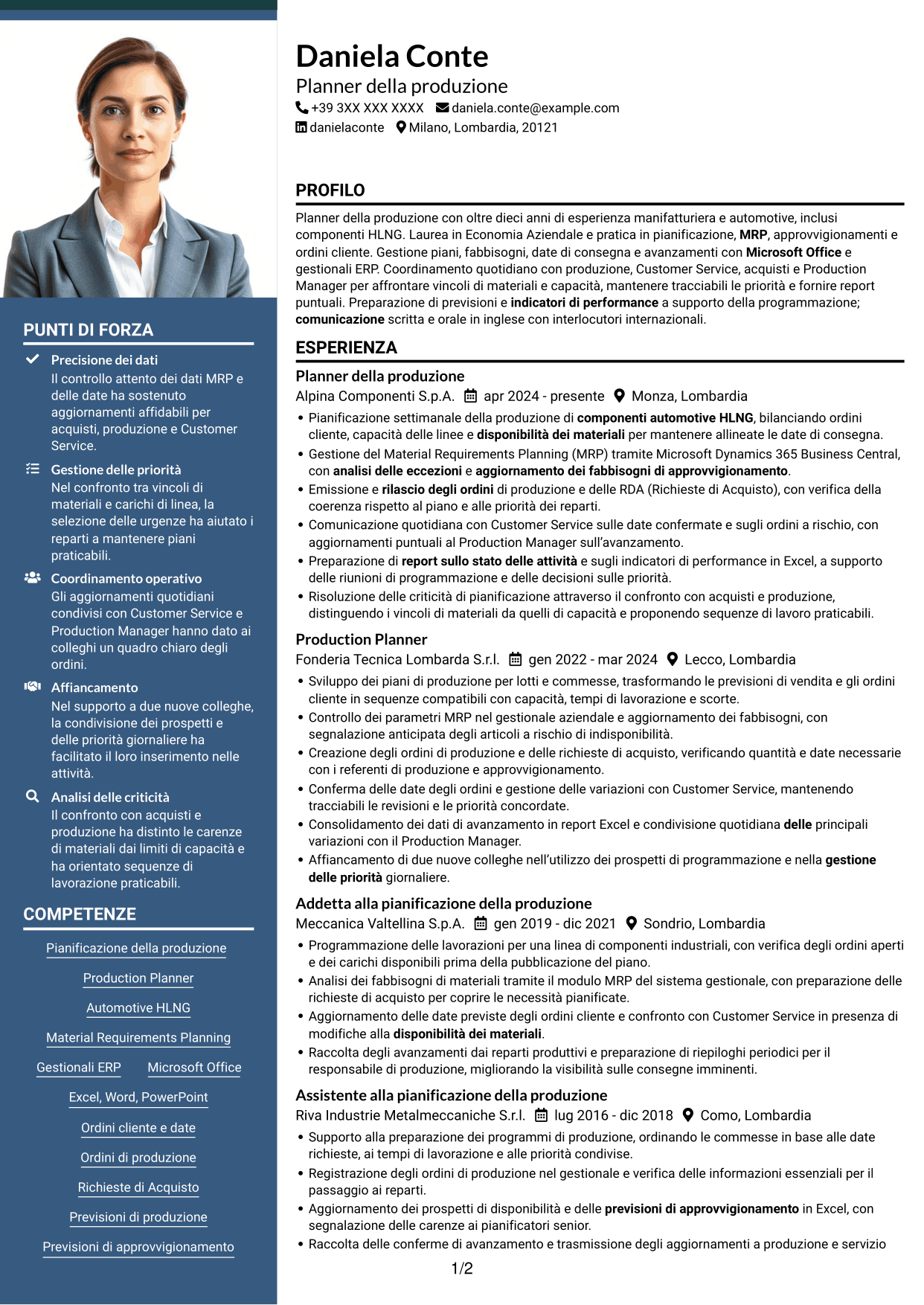 CV Signature (formato con colonna laterale colorata e foto grande): Planner e Scheduler - Automotive HLNG, pagina 1