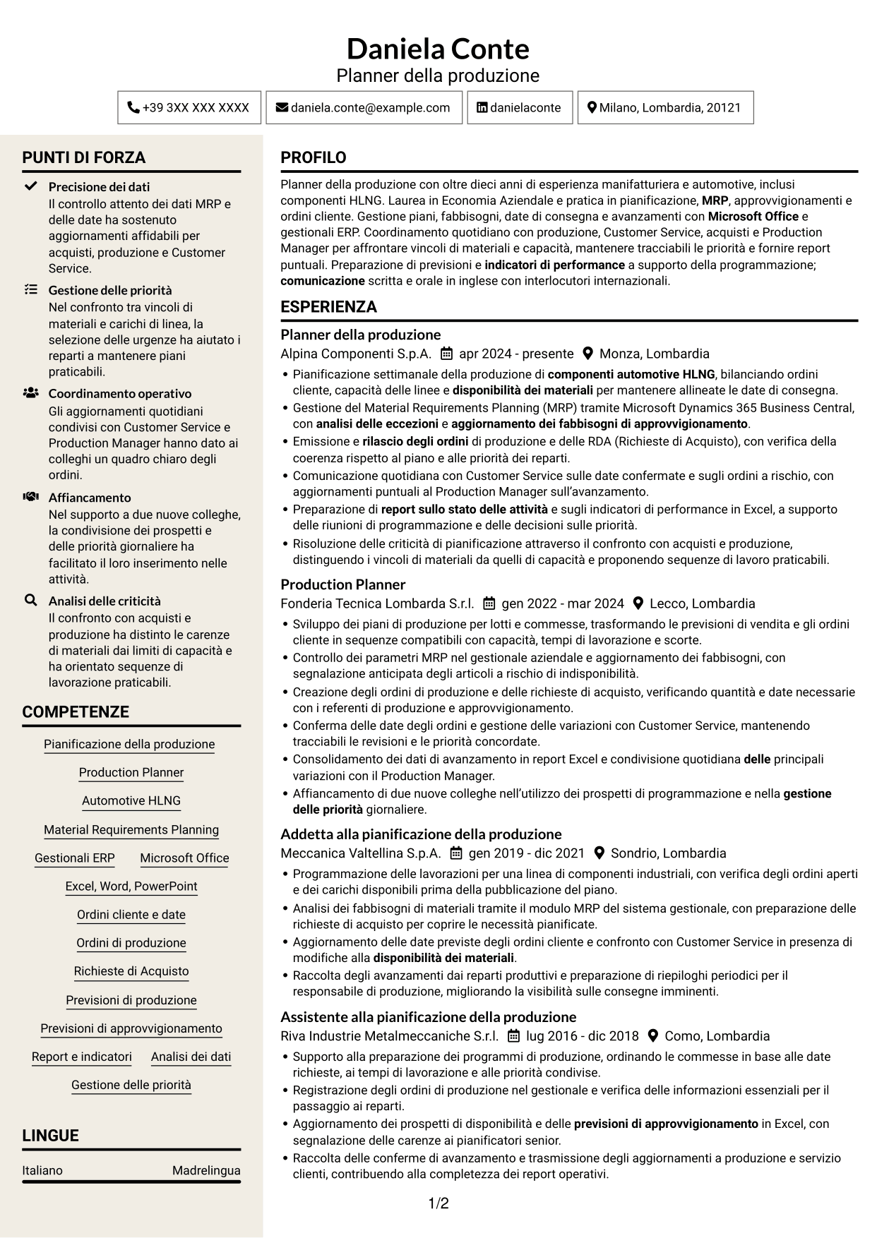CV Intraprendente (formato a due colonne con intestazione centrata senza foto): Planner e Scheduler - Automotive HLNG, pagina 1