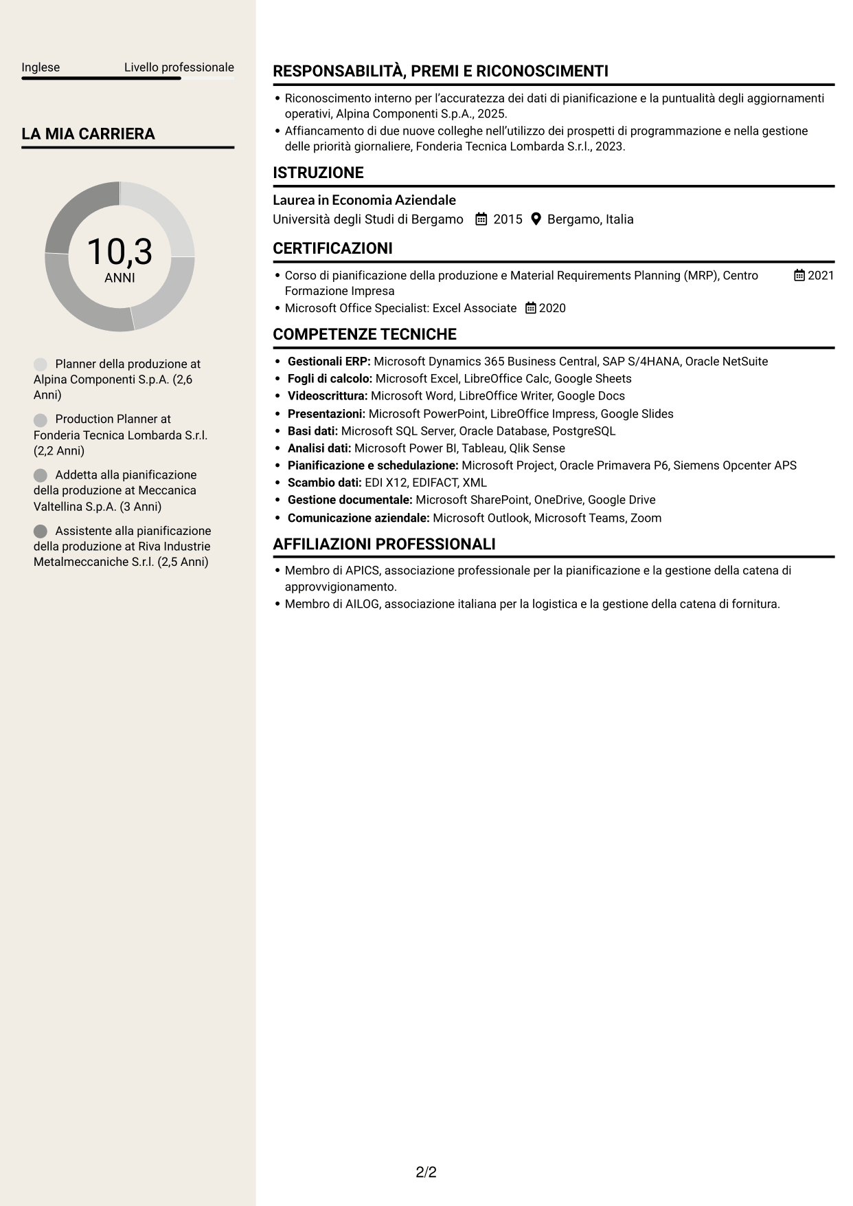 CV Intraprendente (formato a due colonne con intestazione centrata senza foto): Planner e Scheduler - Automotive HLNG, pagina 2
