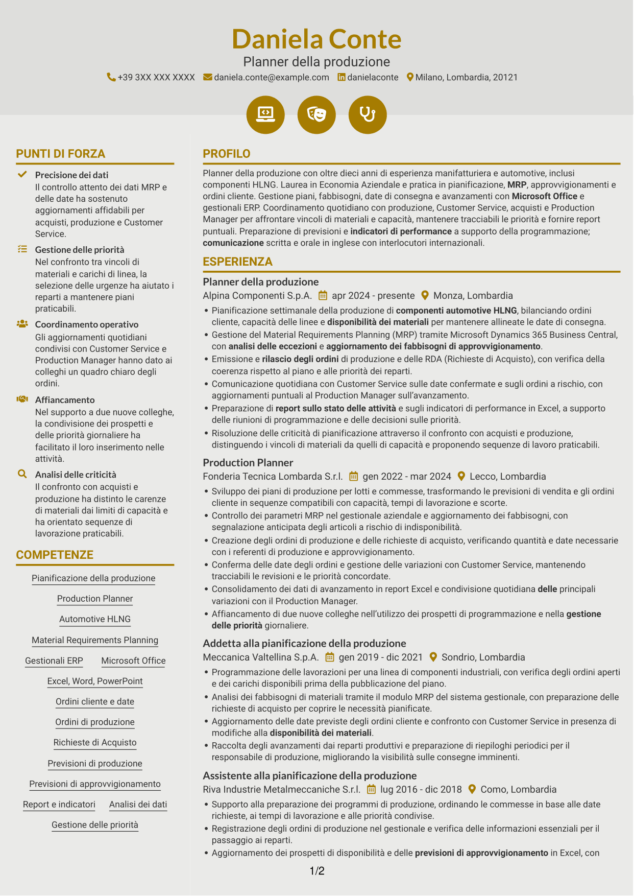 CV Dinamico (formato a due colonne con icone): Planner e Scheduler - Automotive HLNG, pagina 1